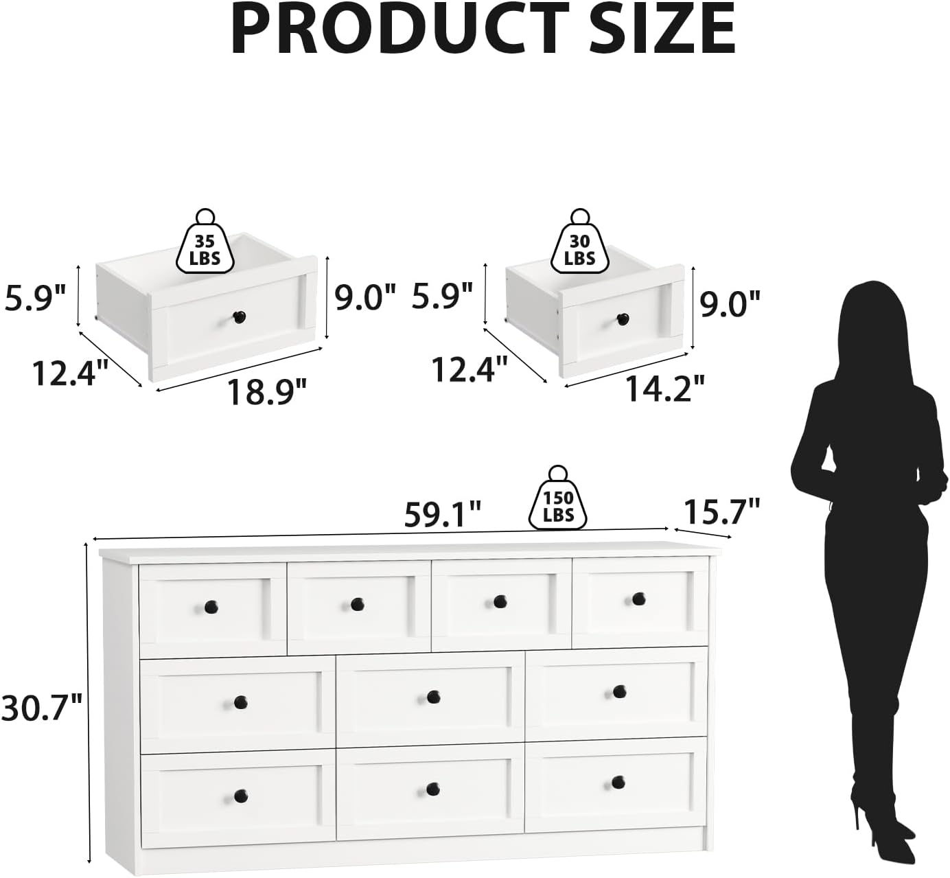 Diagram showing the dimensions of the CHUWELL 10-Drawer Dresser and its individual drawers.