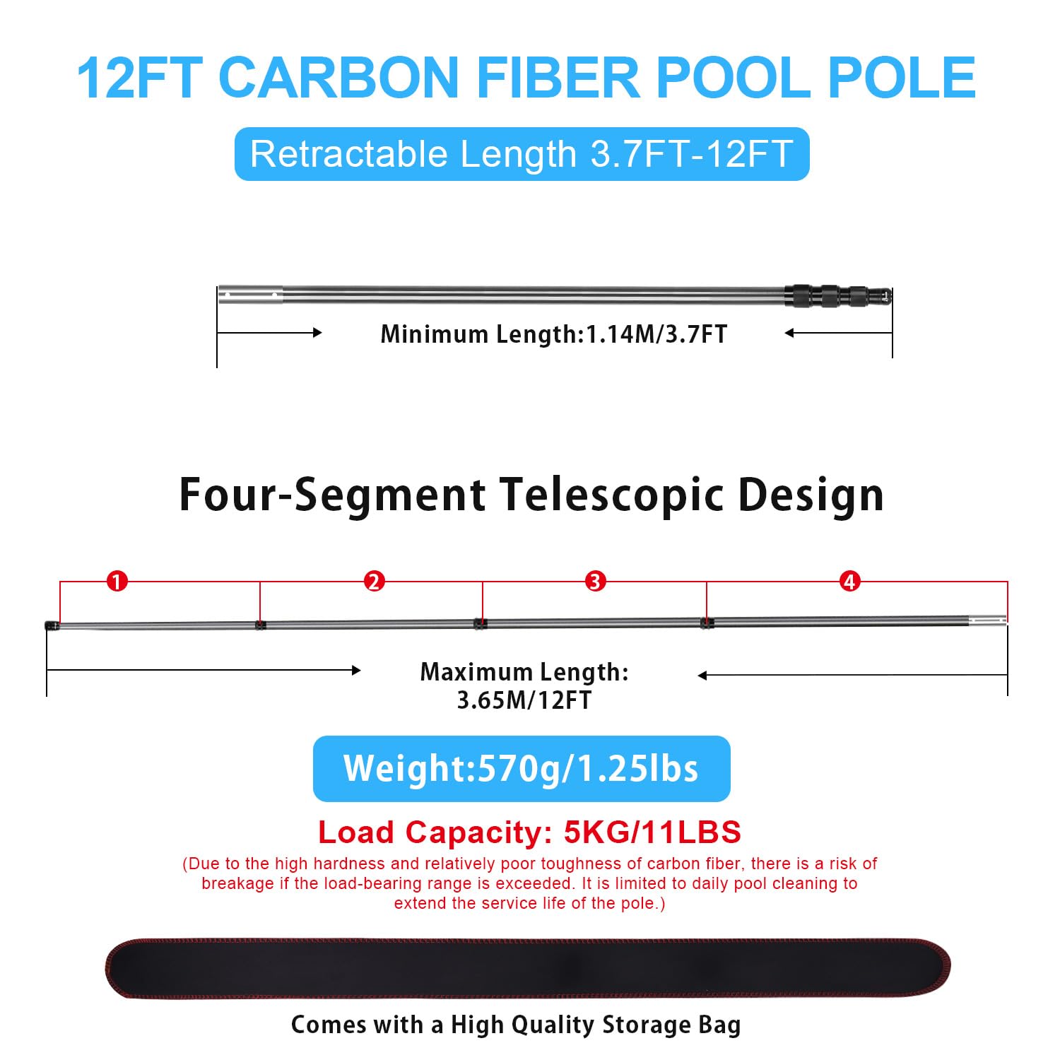 Pool Teleskopstange Kohlefaser, Poolstange einstellbar von 1,12m bis 3,65m