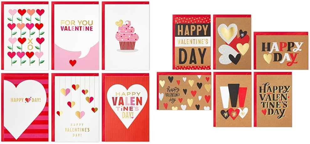 Hallmark Valentines Day Cards Assortment, Pink and Red (36 Cards and Envelopes) & Valentines Day Cards Assortment, Gold Foil Kraft (36 Cards and Envelopes)