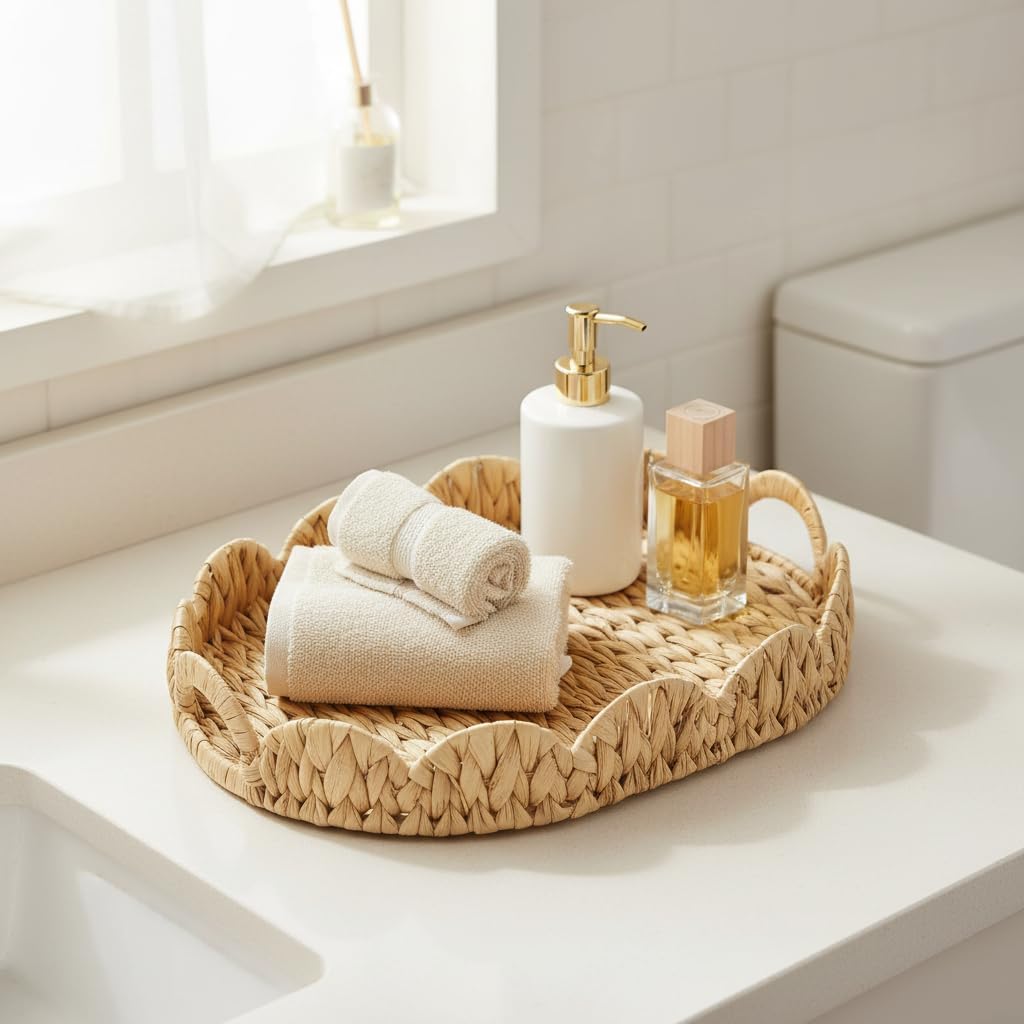 16.5'' Wicker Scalloped Serving Tray,Elliptical Rattan Tray for Countertop,Desktop,Both Decorative & Organizing - Image 4