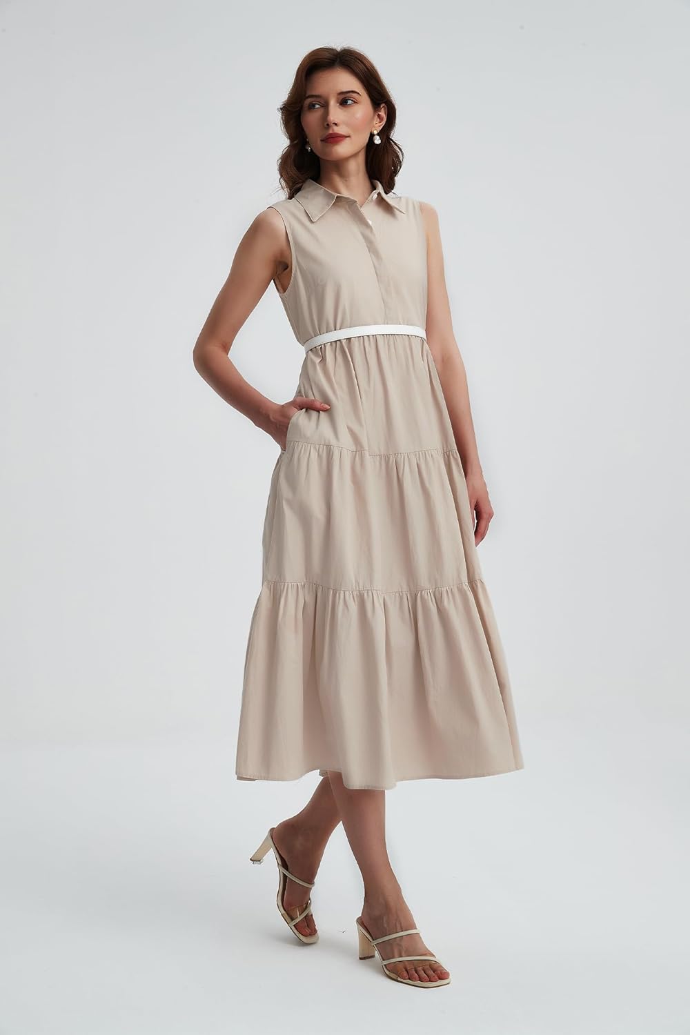 Womens Summer Button Down Maxi Shirt Dress Sleeveless Collared V Neck Tiered Flowy Midi Dress - Image 4