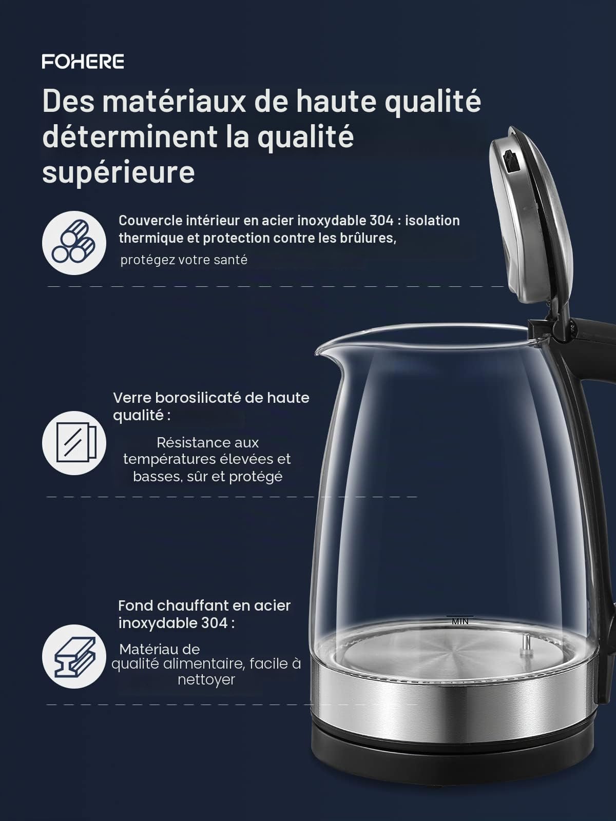 Bouilloire Électrique en Verre 1.7 L, FOHERE Thermostat Réglable 50-100°C, Fonction Maintien au Chaud, 5 Couleurs de LED, 2200W