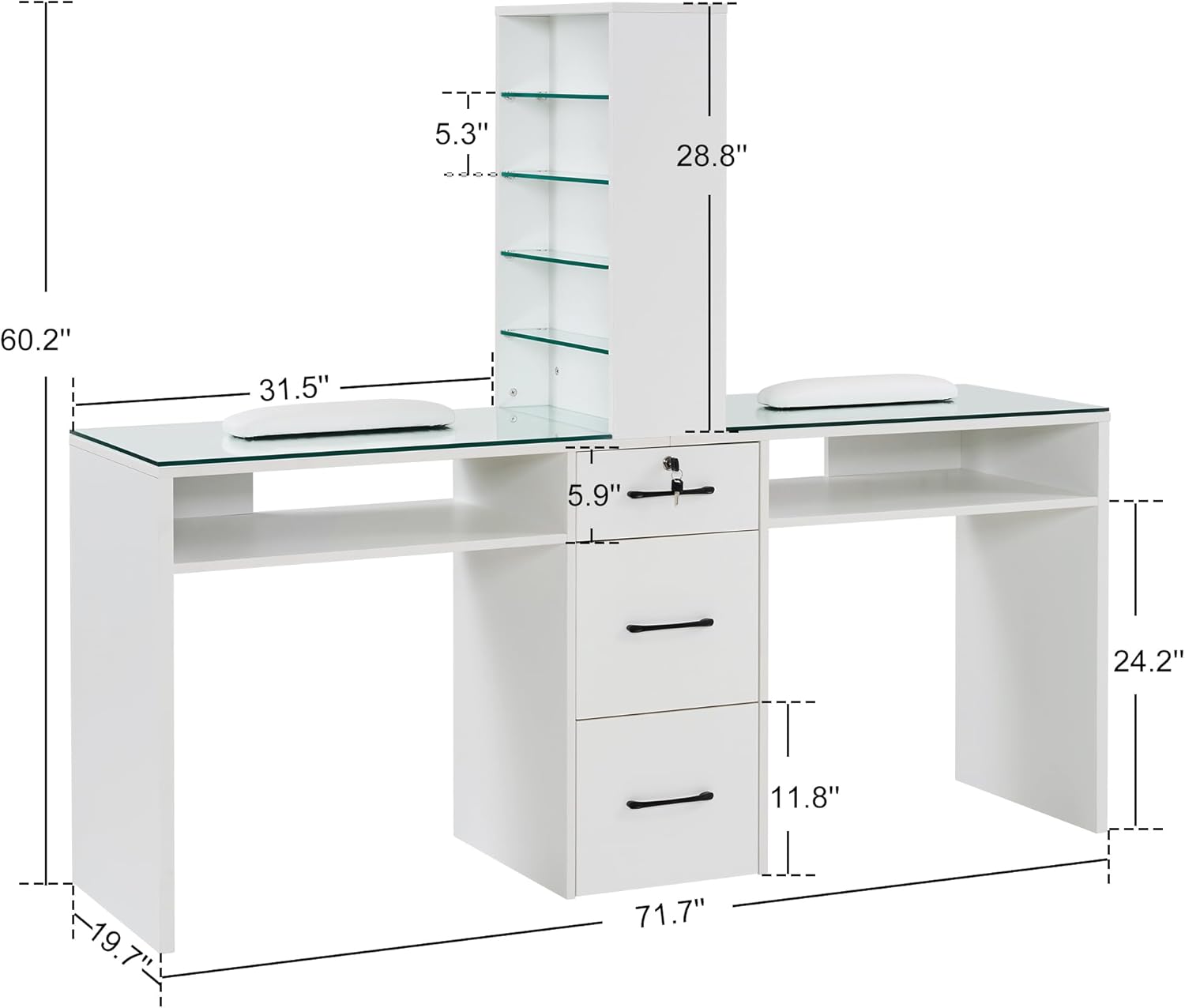 BarberPub Double Manicure Table for Storage, Beauty Nail Desk with Glass, Modern Nail Salon Makeup Station, Functional Manicure Workstation, Spa Equipment with Drawers & Shelves 2666 (White)