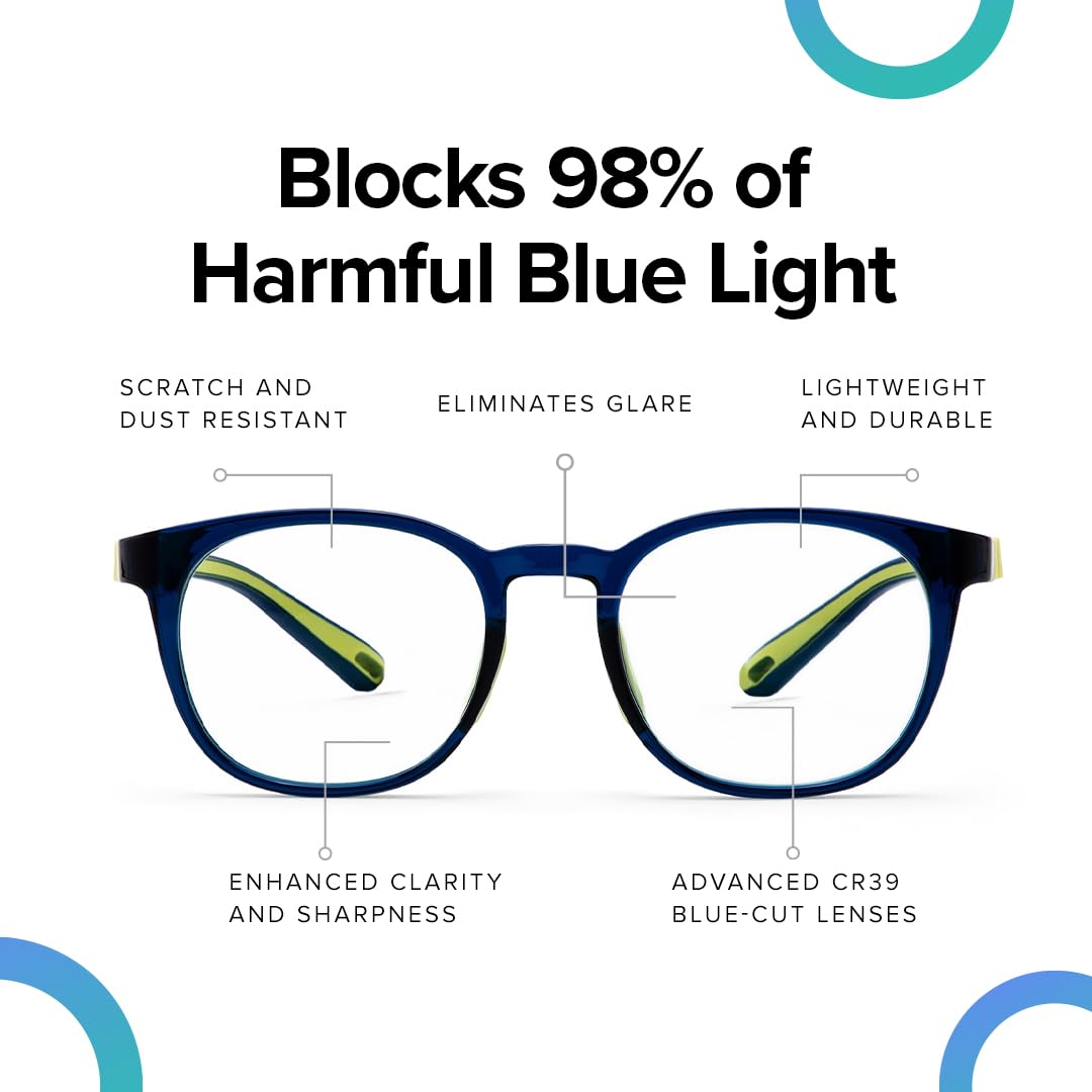 Intellilens Gafas redondas de computadora para niños para protección ocular, cero potencia, antirreflejos y filtro de luz azul, lentes de corte azul para niños y niñas