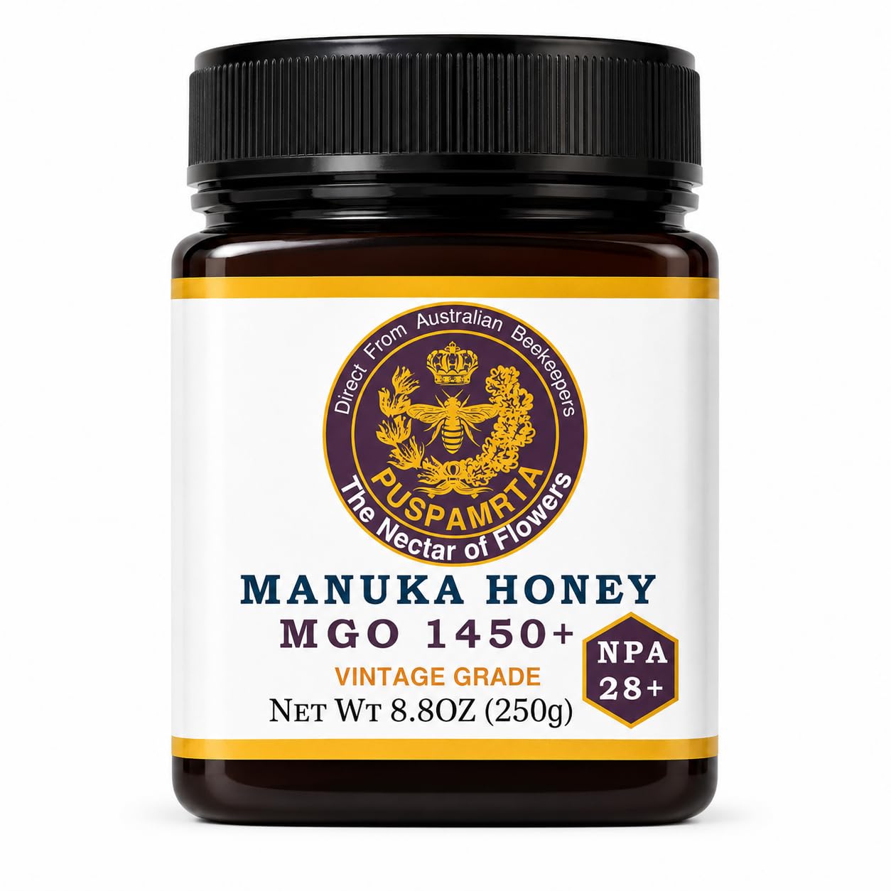 Puspamrta Australischer Manuka Rohhonig MGO 1450+ NPA 28+ 250g | MGO 1450+ NPA 28+ Australian Manuka honey, 250g jar for tea, toast, breakfast and pantry use
