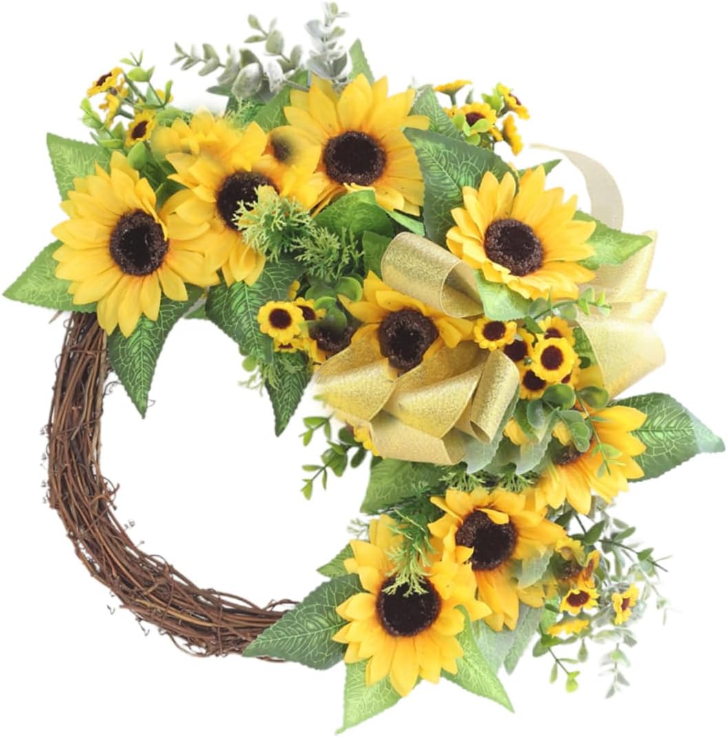 LIFKOME 1Pc Sunflower Garland Front Door Decoration Artificial Yellow Floral Wreath with Greenery for Indoor Outdoor Use Cheerful Home Decor for Living Bedroom and Entryway