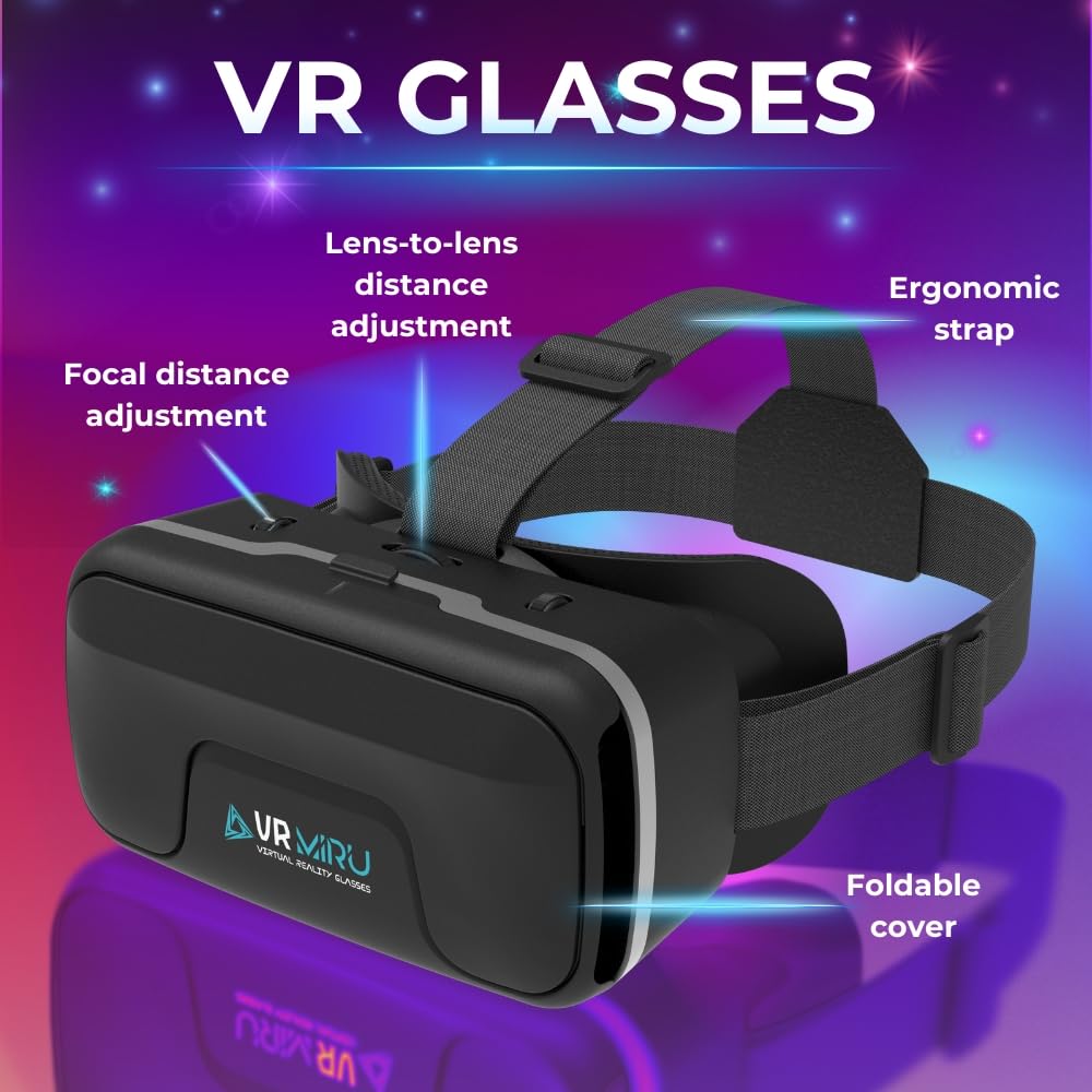 MIRU Visore Realtà Virtuale VMR700J, Occhiali 3D per Giochi e Video con Compatibilità Android e IOS, Visore VR telefono 4.7''-7'', Distanza Focale 37.5-46.5 mm, Cinghie Regolabili + Controller