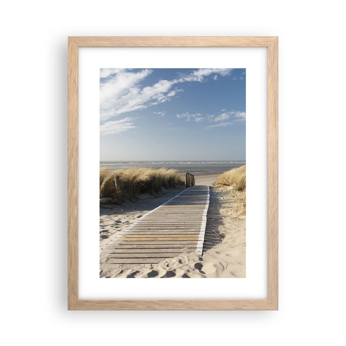 Affiche Encadrée Plage Mer Passerelle - Poster Moderne Cadre Chêne Clair 40x30cm Décoration Murale