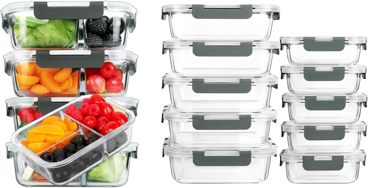 M MCIRCO [5-Pack,36 Oz Glass Meal Prep Containers 3 Compartments with Lids, [10-Pack] 1 Compartment Glass Meal Prep Containers with Lids
