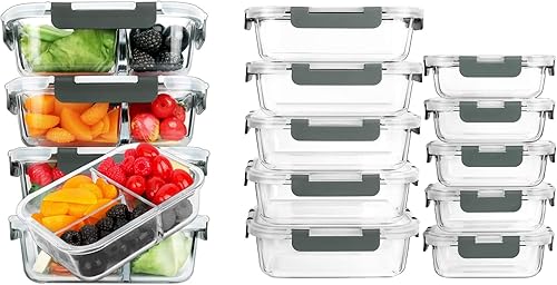 M MCIRCO Paquete de 5, recipientes de vidrio de 36 onzas para preparación de comidas, 3 compartimentos con tapas, paquete de 10 recipientes de