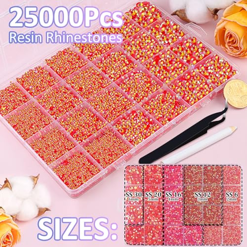 Image of 25000Pcs Resin Rhinestones for Crafting, Red AB 2-6mm Mixed Sizes Non Hotfix Flatback Gems with 1Pcs Glue, Bedazzling Crystal for DIY Craft Clothing Mugs Tumblers Shoes Fabric Decor Nail Art