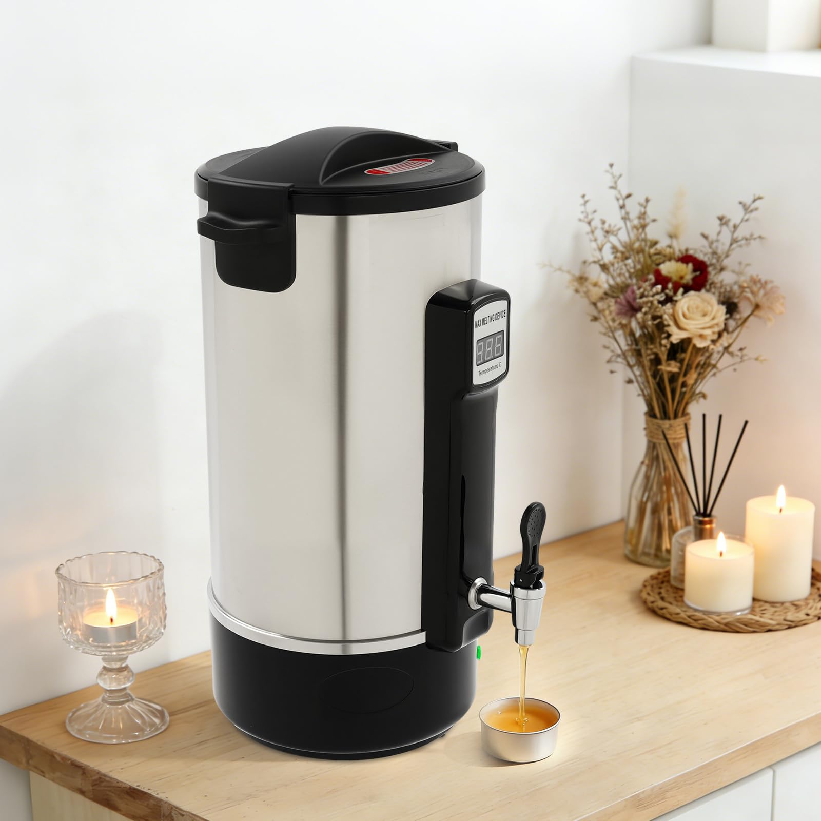 Zalydala Garnek do topienia wosku, stal nierdzewna 10 l, 1100 W, regulacja temperatury 30-110°C, z kurkiem spustowym i diodą LED, do produkcji świec sojowych, parafinowych, pszczelich