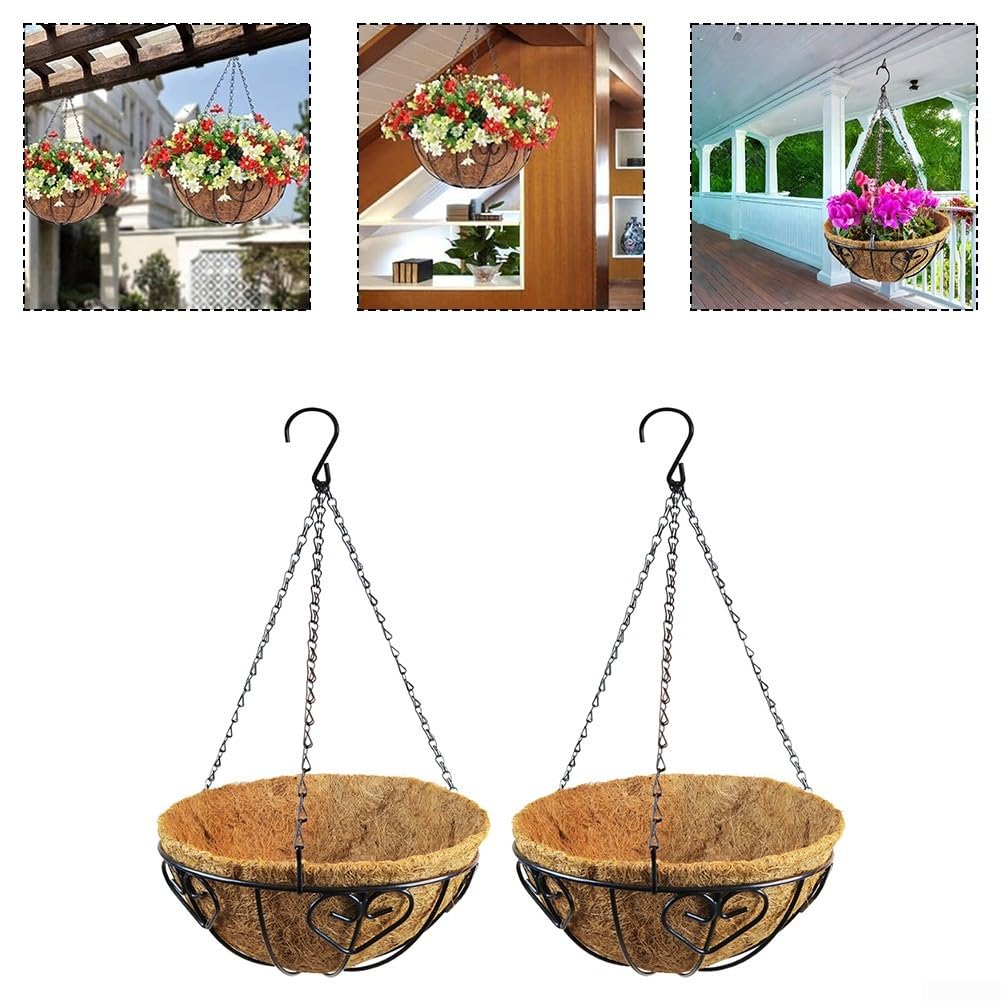 2 vasi da appendere in metallo con rivestimento in fibra di cocco, per giardino, patio, balcone, decorazione (30,5 cm)