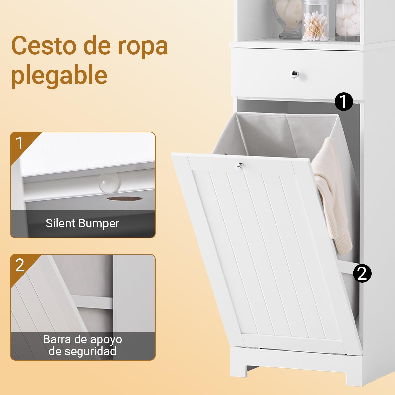 SoBuy Mueble Baño Columna Baño Estrecho con Cesto Ropa 40x38x180cm | Armario Alto para Pequeños con Cajón Compartimento Abierto y Estante Ajustable Mueble Auxiliar BZR216-W