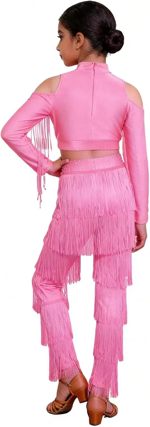 ACSUSS Kids Girls Latin Modern Salsa Ballroom Dance Outfit Rhinestone Tassel Crop Top Layered Fringe Pants Set Pink 12 Years