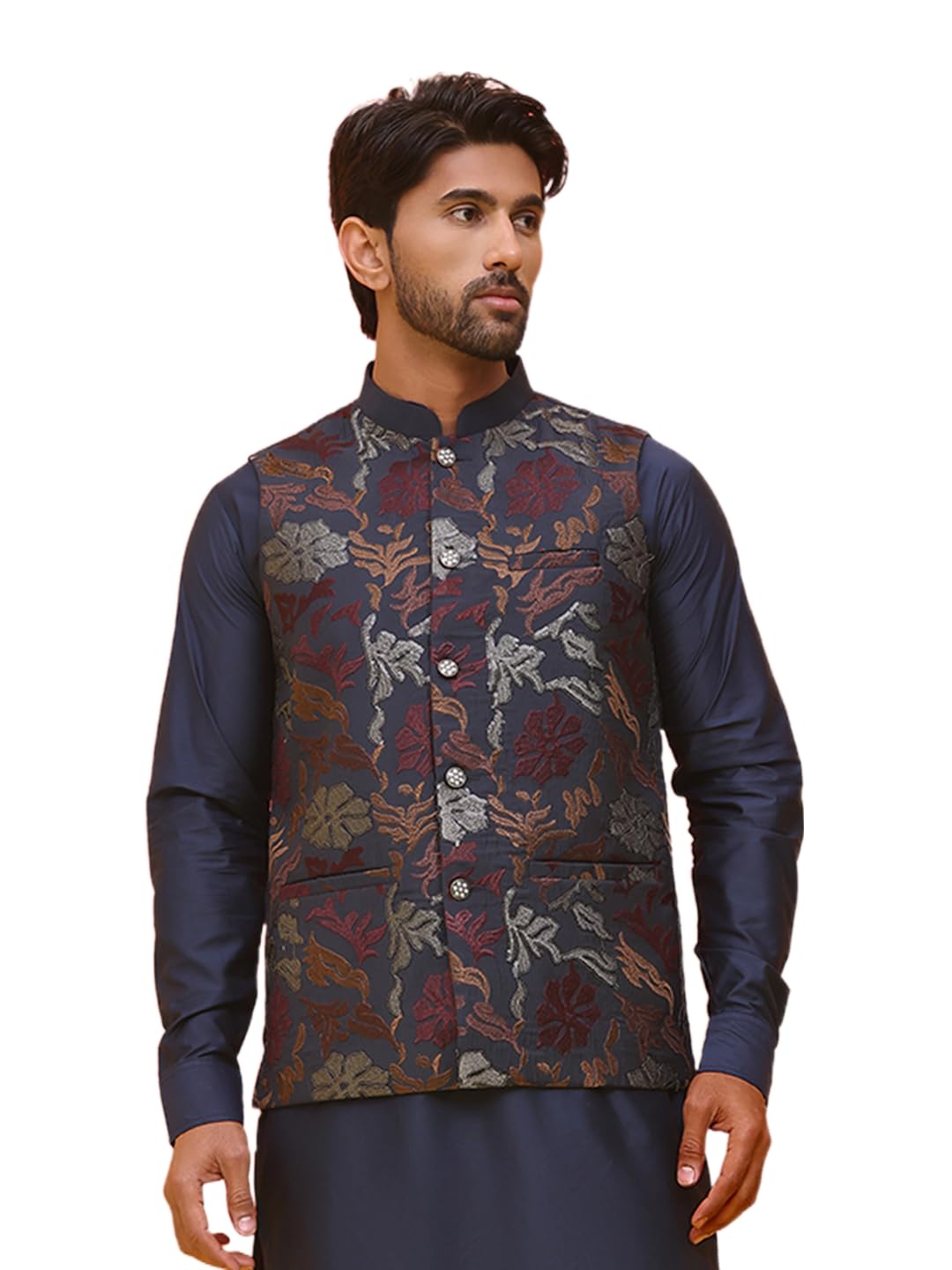 jompers Black Embroidered Velvet Nehru Jacket for Men-picture-29