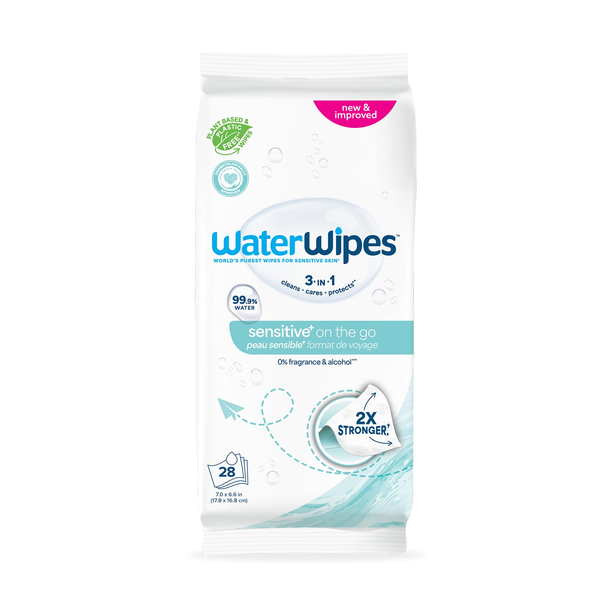 WaterWipes Sensitive+ On The Go Wipes, 3-In-1 Cleans, Cares, Protects, 99.9% Water, Unscented & Hypoallergenic Wet Wipes, 28 Count (Pack of 1)
