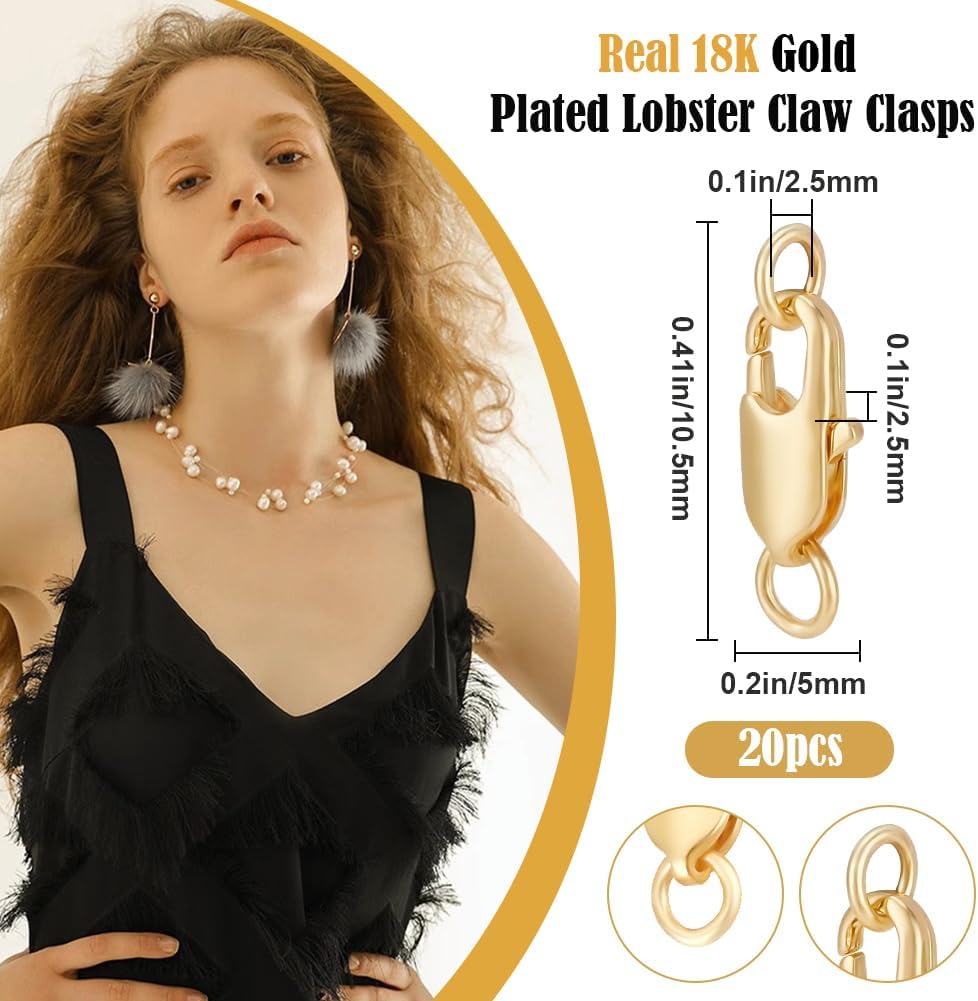 Beebeecraft 1 Box 20Pcs Gold Lobster Claw Clasps Real 18K Gold Plated Brass Small Lobster Clasps with Jump Ring Rectangle Trigger Lobster Connector for Jewelry Making Supplies DIY Crafts 10.5x5x2.5mm - Image 2