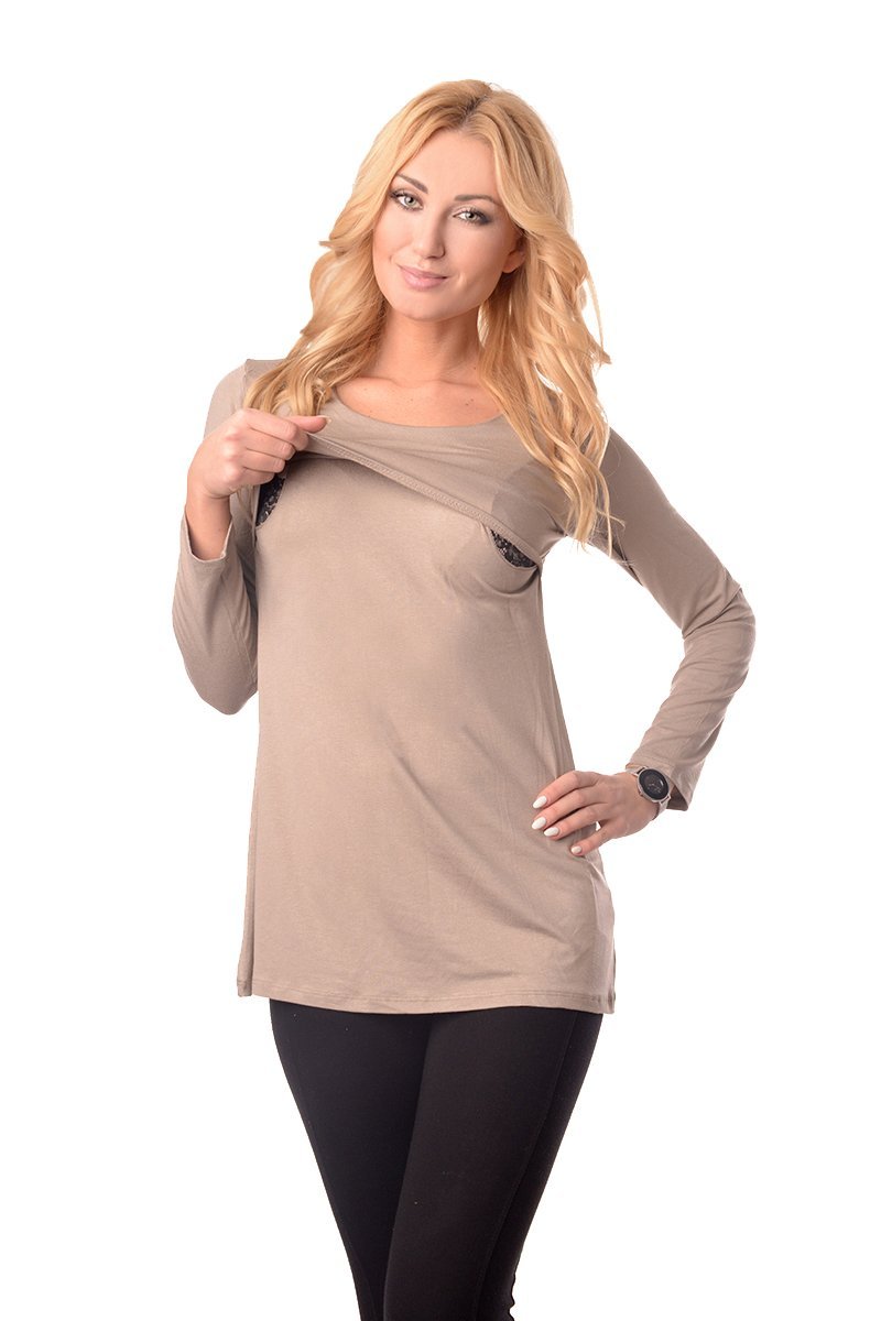 Purpless Maternity 2in1 Pregnancy and Nursing Round Neck Long Sleeves Breastfeeding Women Top Tunic 7021 (14, Cappuccino)