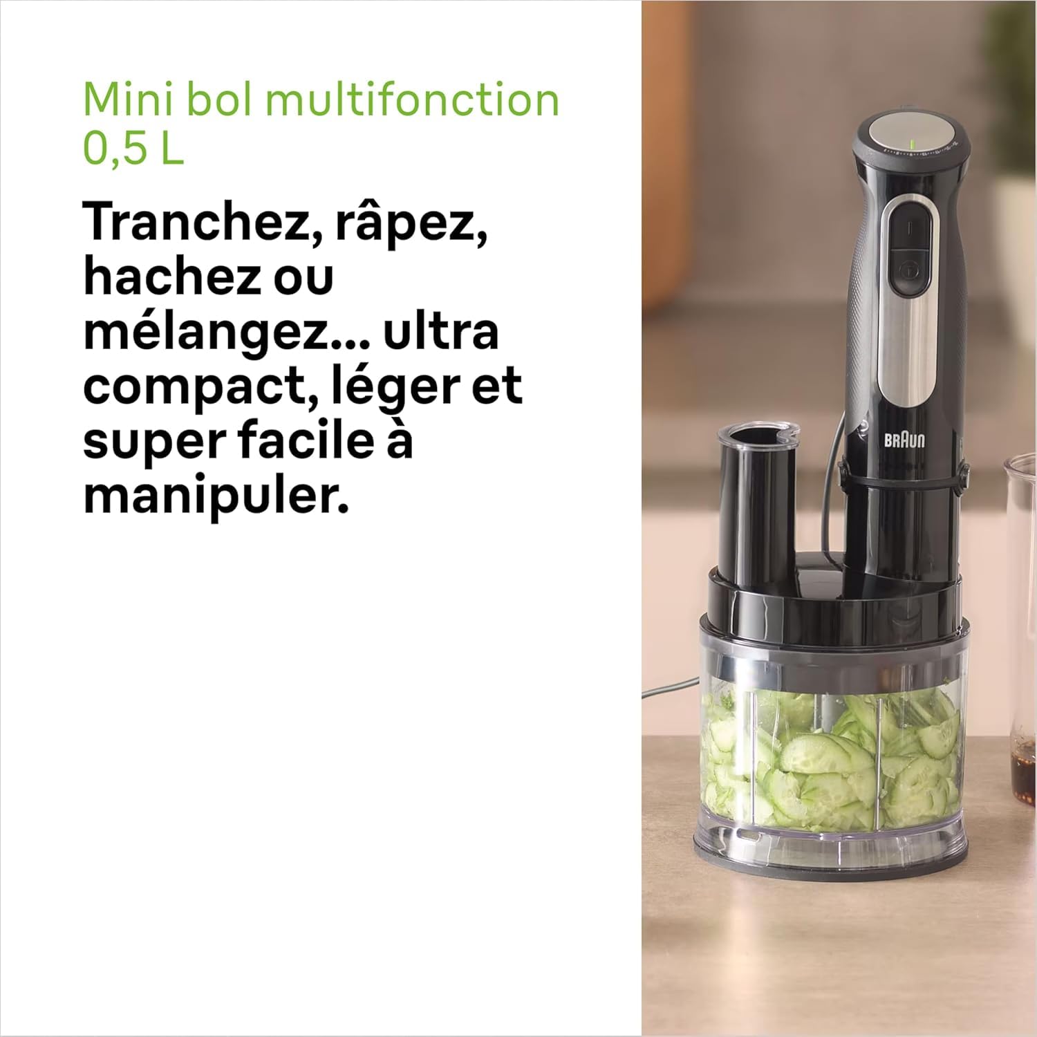 Braun MultiQuick 5 Pro - Mixeur plongeant avec Bol multifonction, mini hachoir et fouet pour soupes, smoothies et purées bébé, 25 vitesses + Turbo, 1000 W, Noir (MQ55755M)