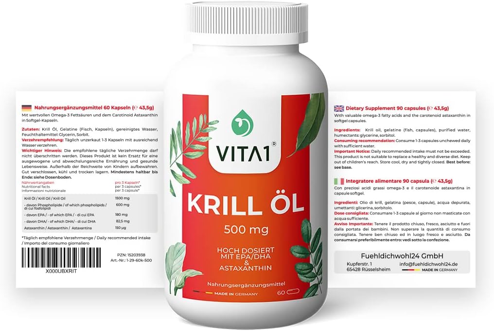 Olio di Krill 500mg di VITA1 • 60 capsule (fornitura per 3 settimane) •  ricco di acidi grassi omega-3 EPA e DHA • Fatto in Germania : Amazon.it:  Salute e cura della persona