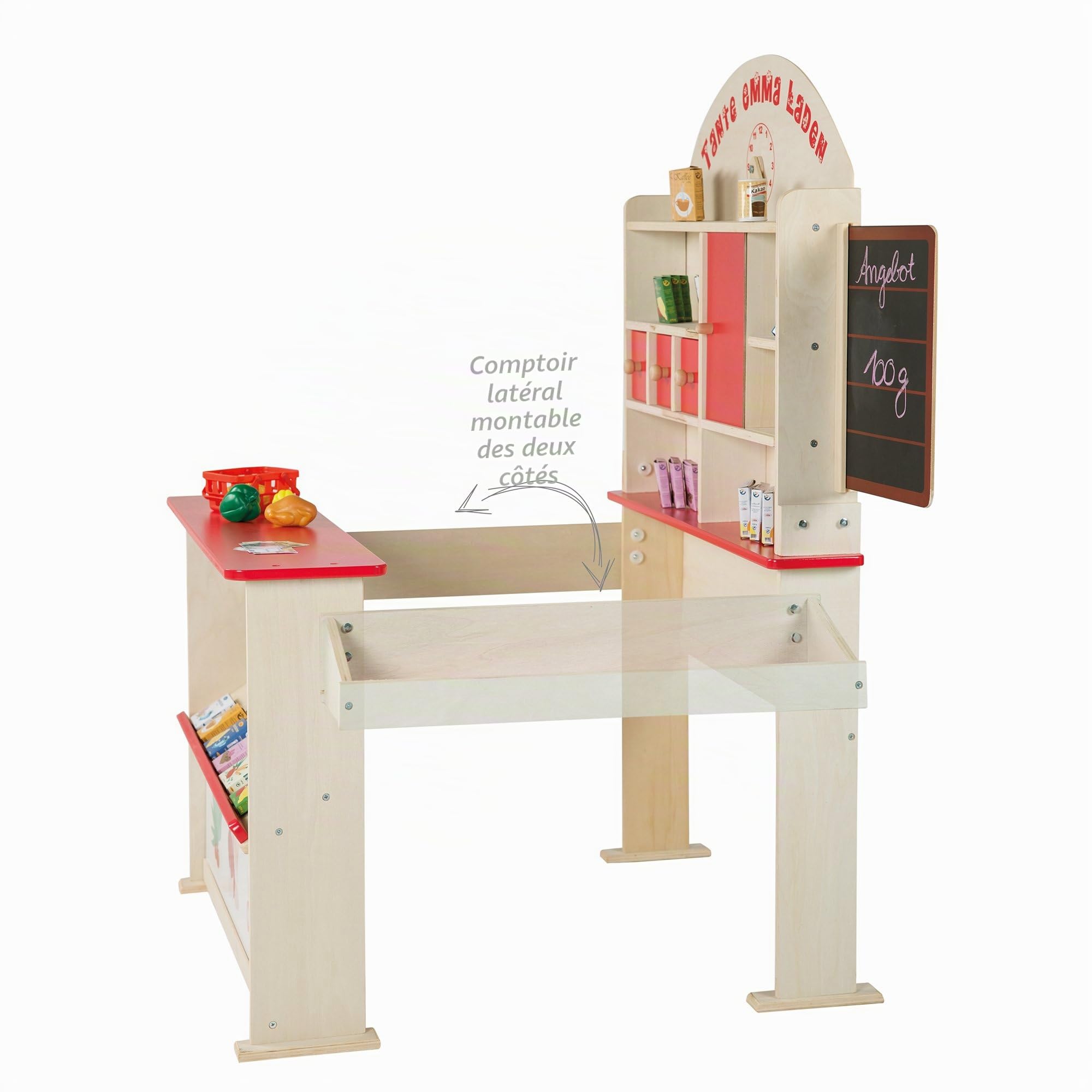 roba Marchande Enfants Tante Emma avec + de 100 Pièces d'Accessoires - une Vraie Caisse Enregistreuse et Haut parleur - Horloge et Tableau à Craie - Rouge / Naturel