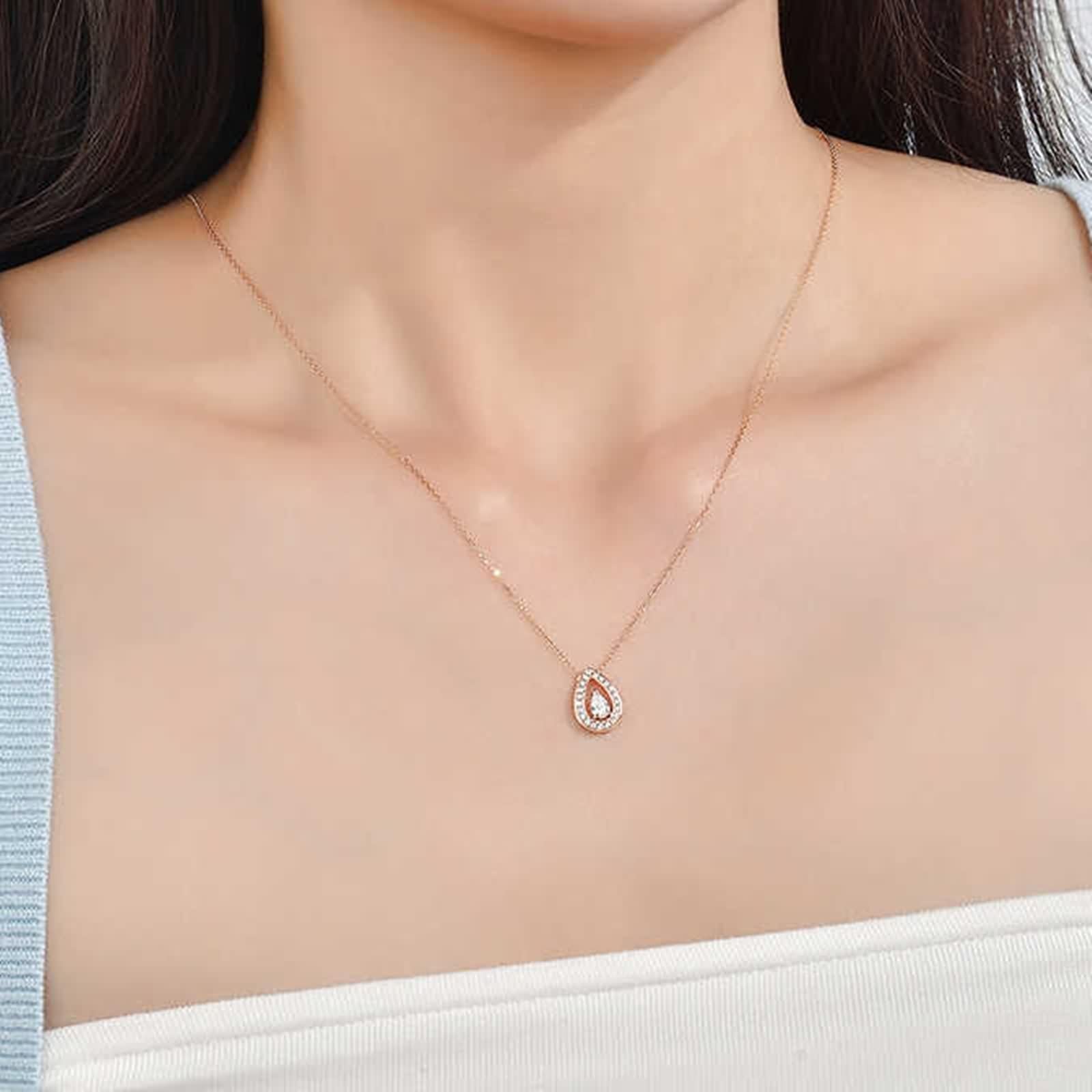 Łańcuszek na szyję wisiorek damski, łańcuszek długi biały diament łza prawdziwa biżuteria 9K / 14K / 18K różowe złoto
