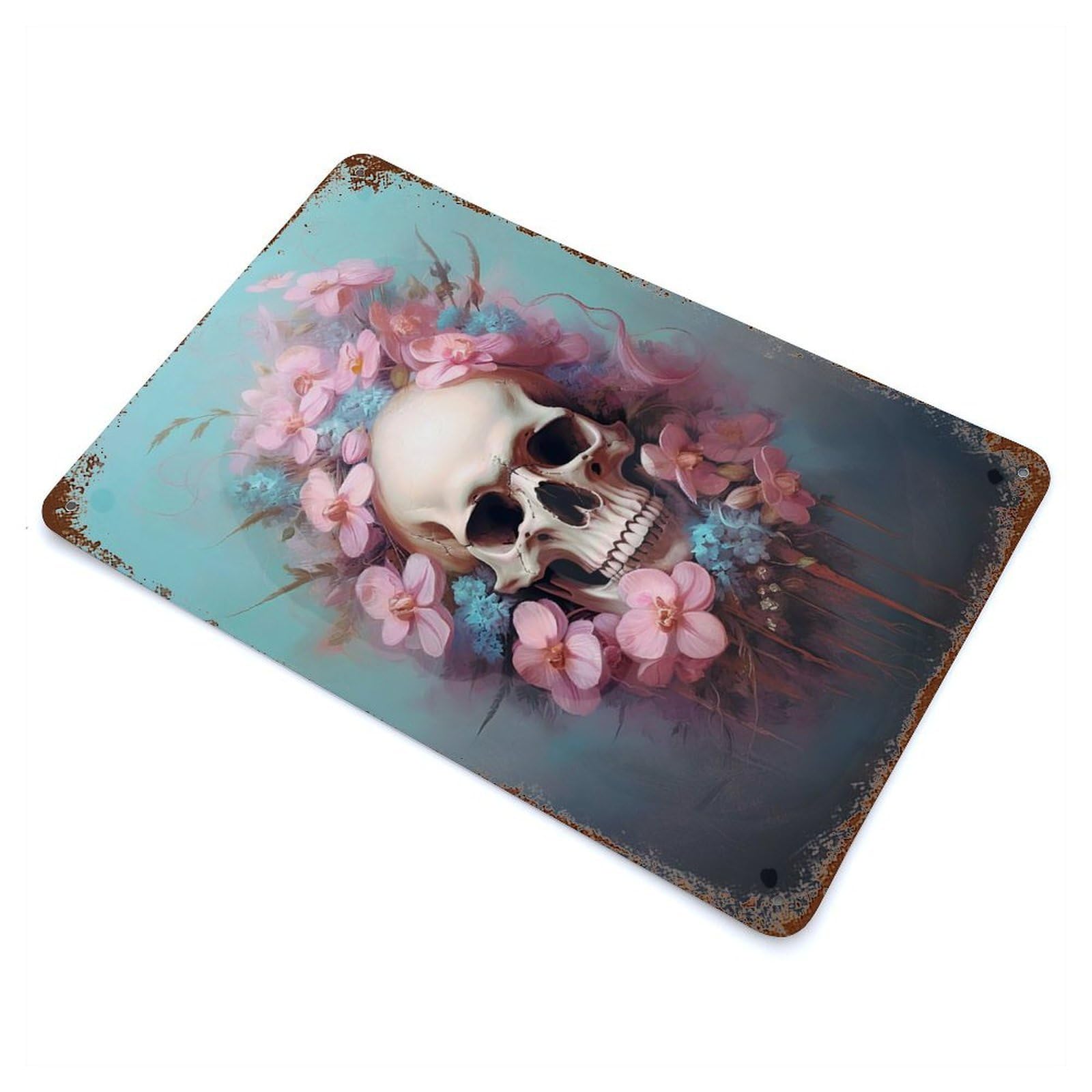 Retro Metal Sign with Skull with Pink Flowers Design 11.8"x7.9", for Living Room, Hallway And Home Decor, Farmhouse Wall Decor