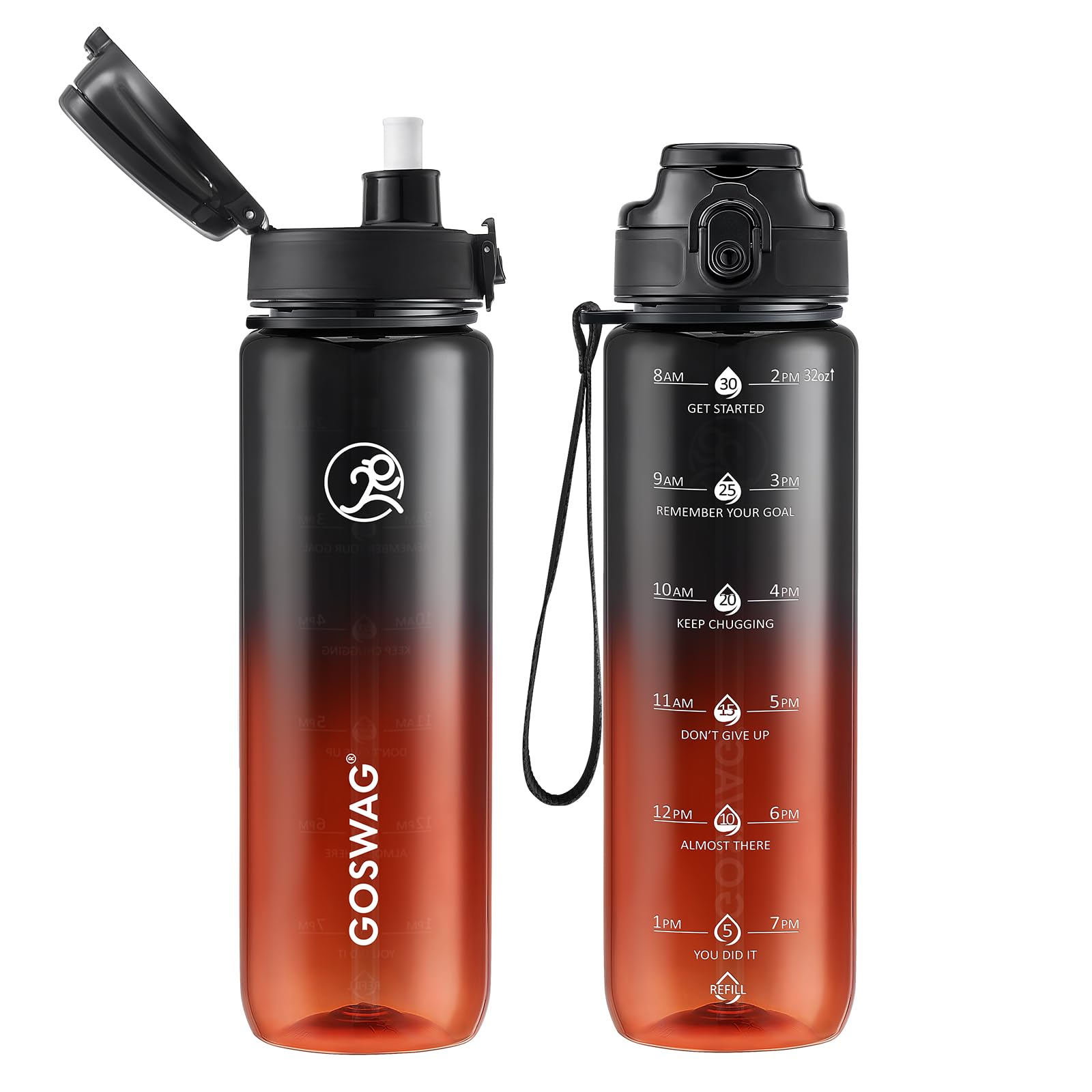 GOSWAG Water Bottles, 32 oz Motivational Sports Water Bottle with Straw and Time Marker to Remind You to Drink, Comes with Carry Strap, Leakproof