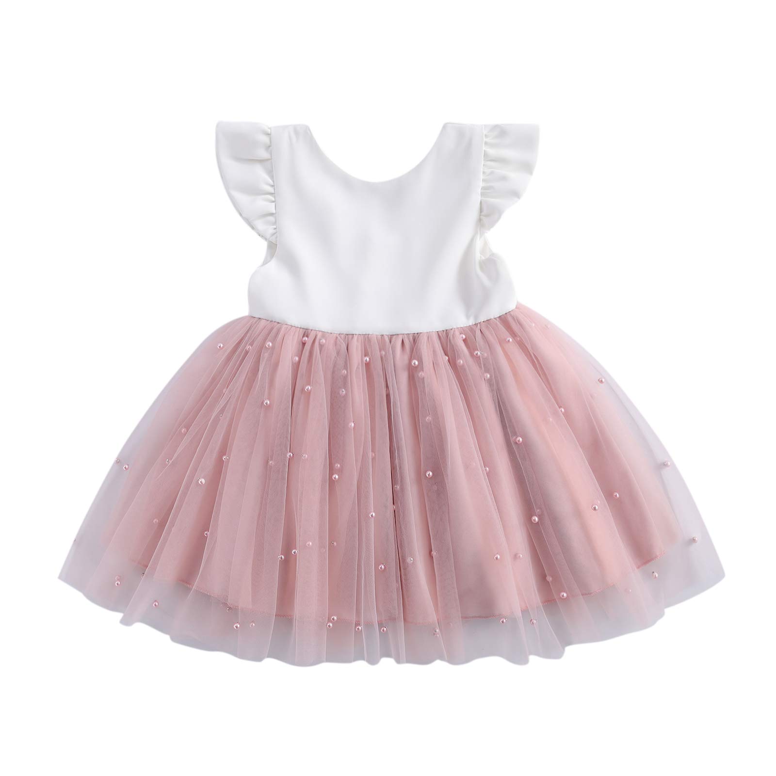 Autumn Princess Toddler Infant Baby Girls Dress Ruffle Sleeve Pearl Lace Patchwork Back Bowknot Tulle Tutu Dress (Pearl Flying Sleeve A,4-5T)