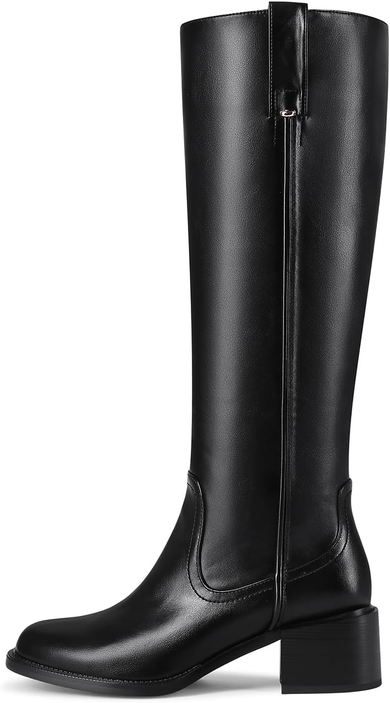 Knee High Boots for Women Chunky Heel Round Toe Leather Patent Boots Low Block Heel Tall Boots With Side Zipper