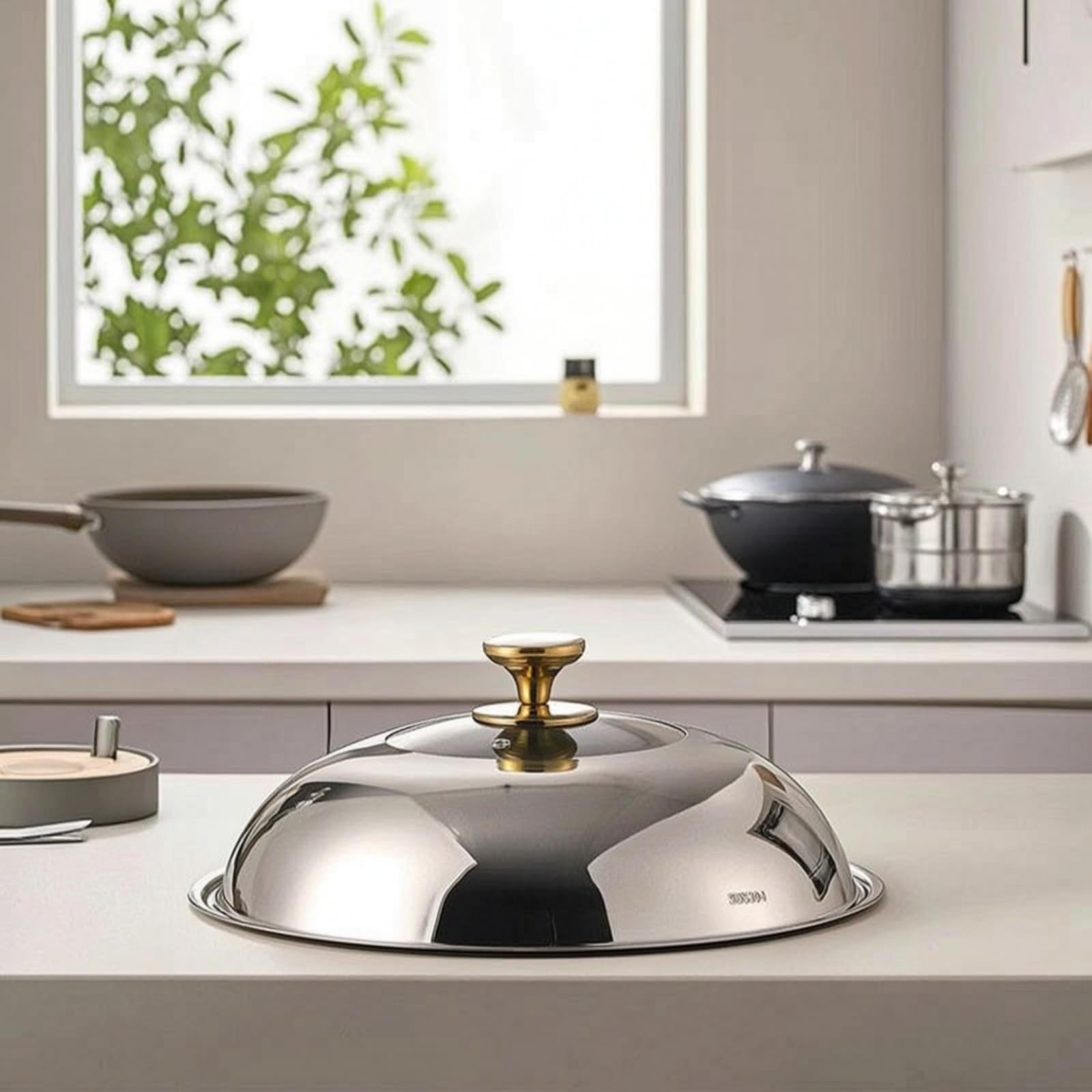 Baoblaze Tapa para Cocina de Sartén Tapa con Visor de Vidrio y Estructura Robusta en Acero Inoxidable 304 con Mango Ergonómico, 42cm, Mango De Pie, Material 304 Puro