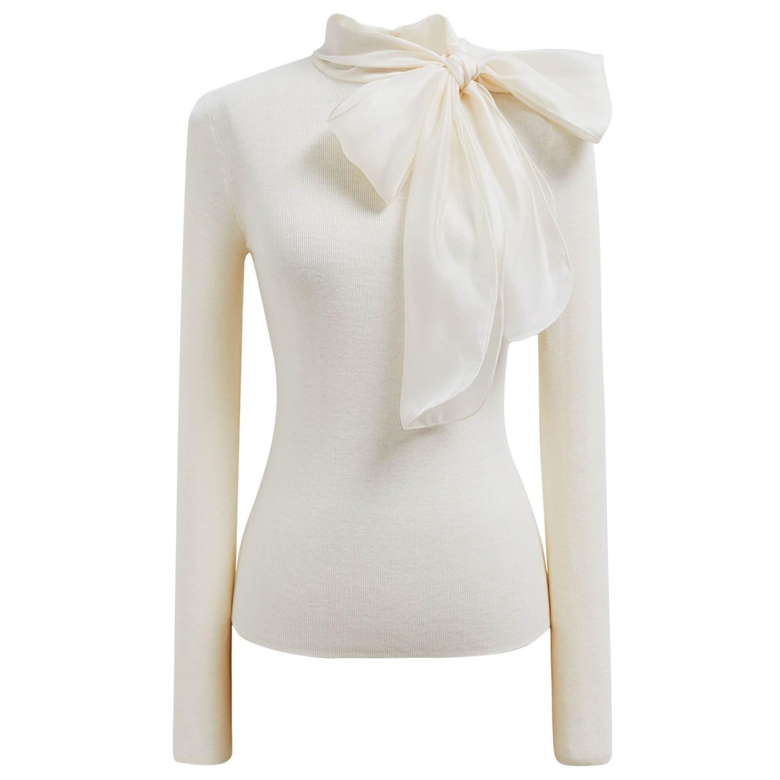 CHICWISH Women Organza Bowknot Neck Knit Top Long Sleeve Elegant Slim Fitted Fall Casual Solid Pullover Tops