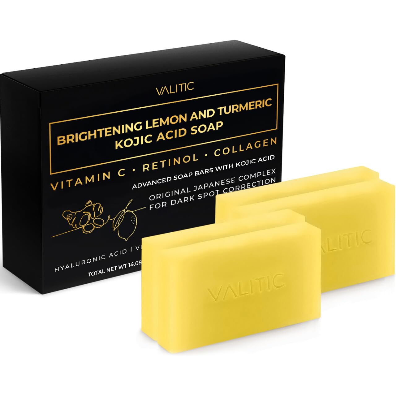 VALITIC Brightening Lemon & Turmeric Kojic Acid Soap with Vitamin C, Retinol, Collagen – Original Japanese Complex Infused with Hyaluronic Acid, Vitamin E, Shea Butter, Castile Olive Oil (4 Pack)
