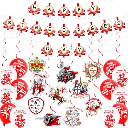 Flankor St Georges Day Decorations - Happy St. Georges Day Banner Swirls Balloons for England National Backdrop Decorations