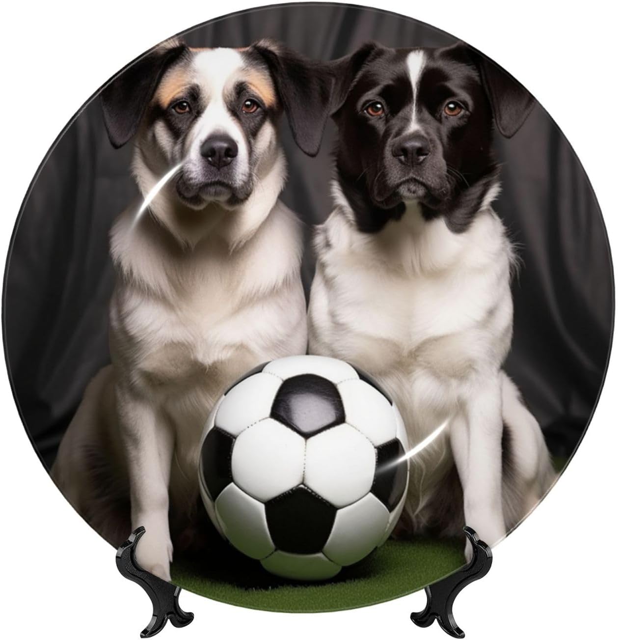 Bone China Decorative Plate with Display Dogs with Soccer Ball Football Ceramic Plates Crafts Art Decor Dessert Plate Ceramic Ornament Porcelain Plates for Living Room Kitchen Table Home Decor