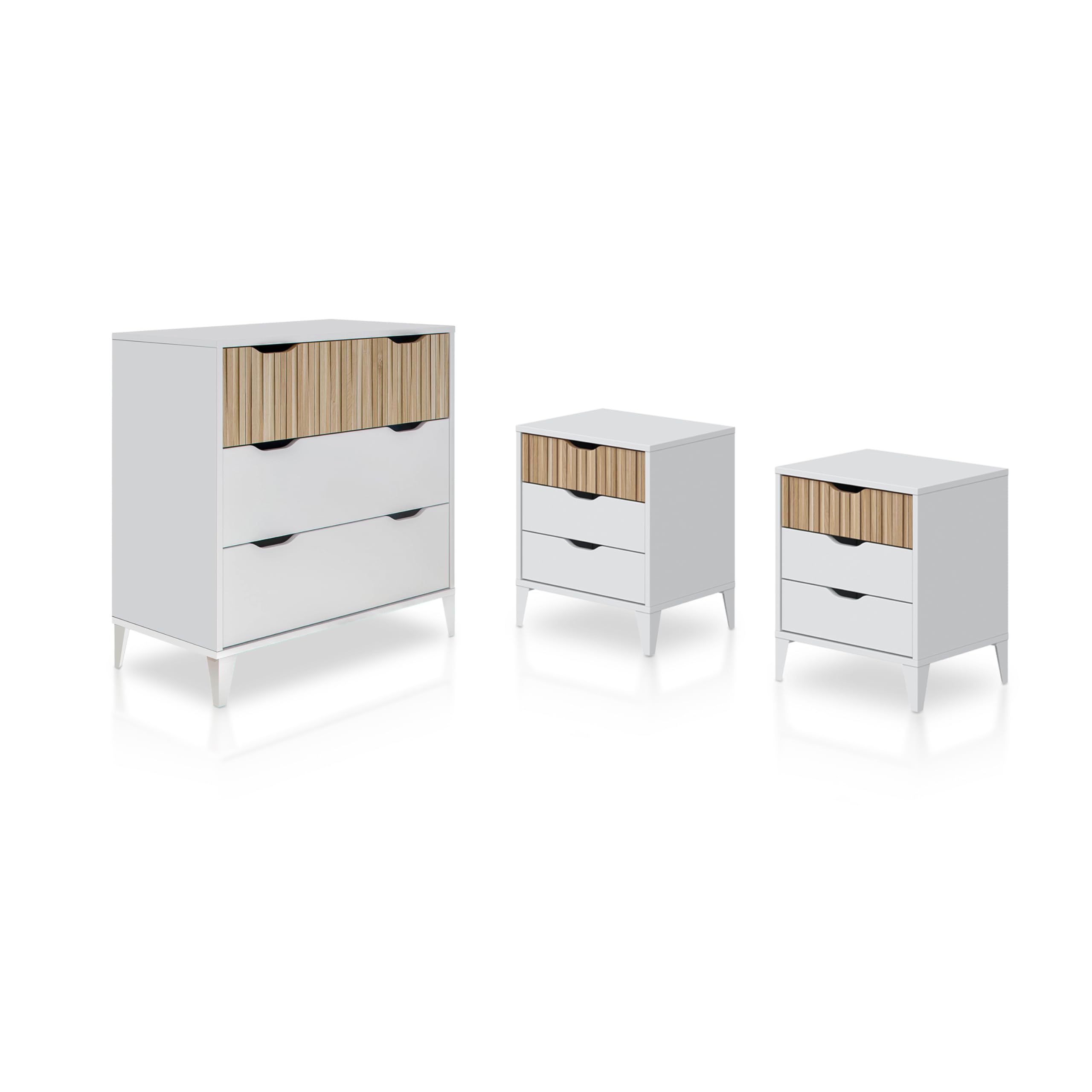 duehome | Pack de Dormitorio con 2 Mesitas de Noche + Comoda, Conjunto de Dormitorio, Modelo Nitza On 3C, Acabado en Blanco Artik y Roble Natur
