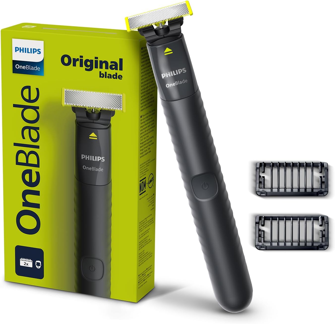 Product image of Philips OneBlade QP1424/10 Trimmen, Kanten und Rasieren, 2 x Click-on Stoppelkämme (1, 3 mm), wiederaufladbar, Nass- und Trockenanwendung