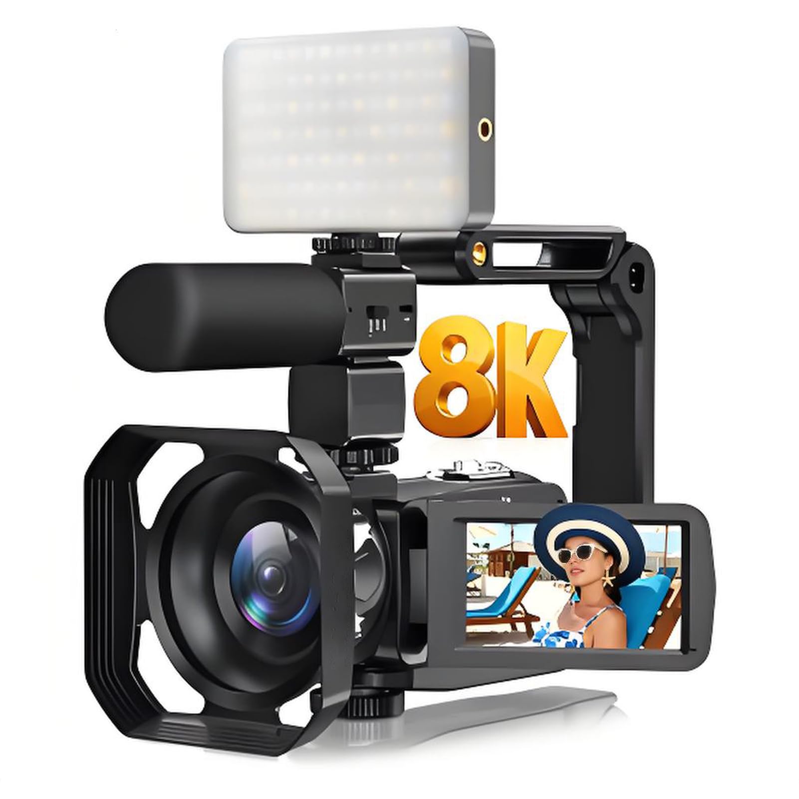 Denash Cámara de Vídeo 8K, Videocámara HD de 64 MP con Pantalla Táctil de 3,0", Zoom Digital de 18x y Estabilización de 6 Ejes, Cámara Vlogging con Micrófono para Fotografía