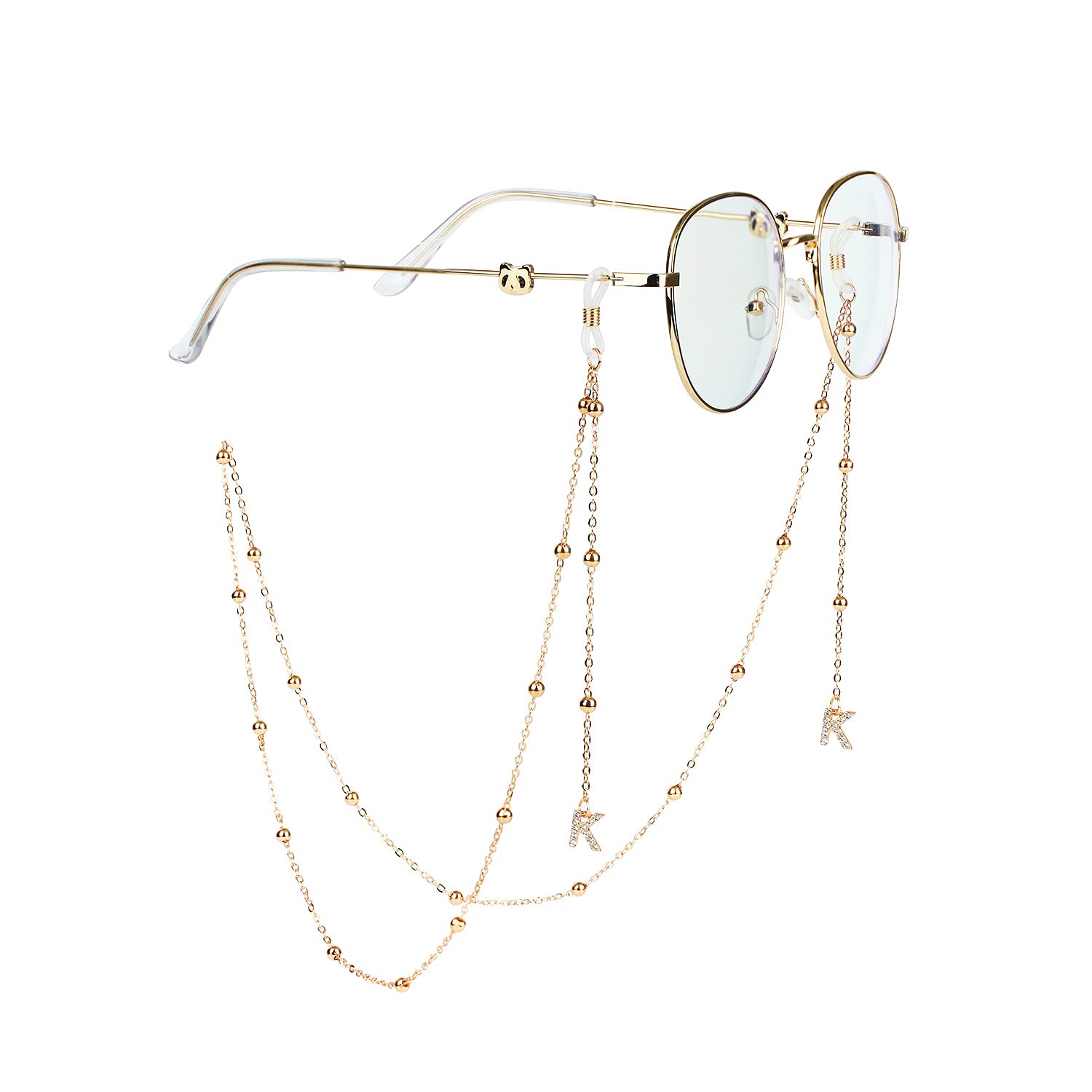 AININI 27.5 inch Eyeglass Chains Initial K Gold Bead Face Mask Lanyard Mask Chains Eyeglass Necklace Eyewear Retainer String Holder Around Neck for Women