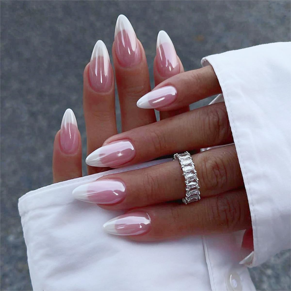 French Tip Press on Nails Medium Almond Fake Nails Chorme False Nails Acrylic Glossy Full Cover Glue on Nails Press ons Cute Artificial Stick on Nails