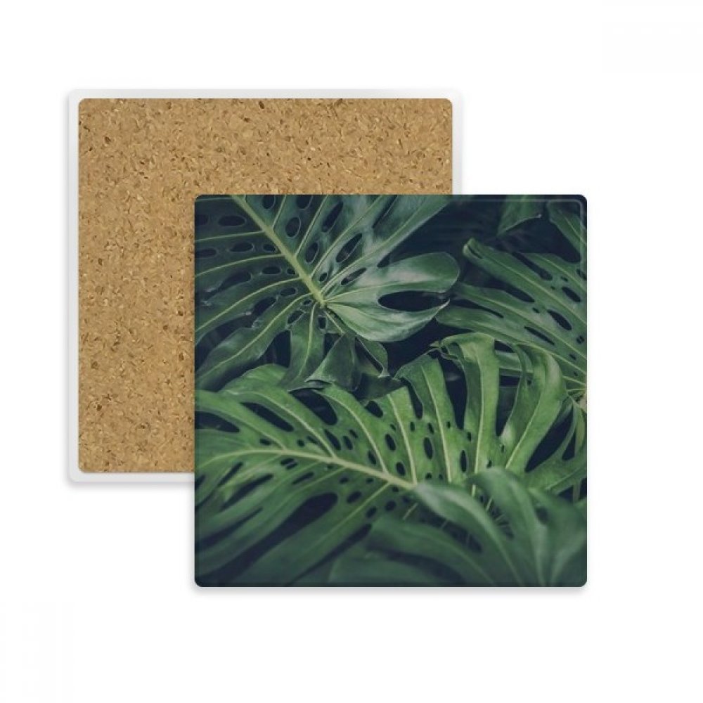 Dessous de verre carré en pierre absorbante avec motif feuille verte pour tasse