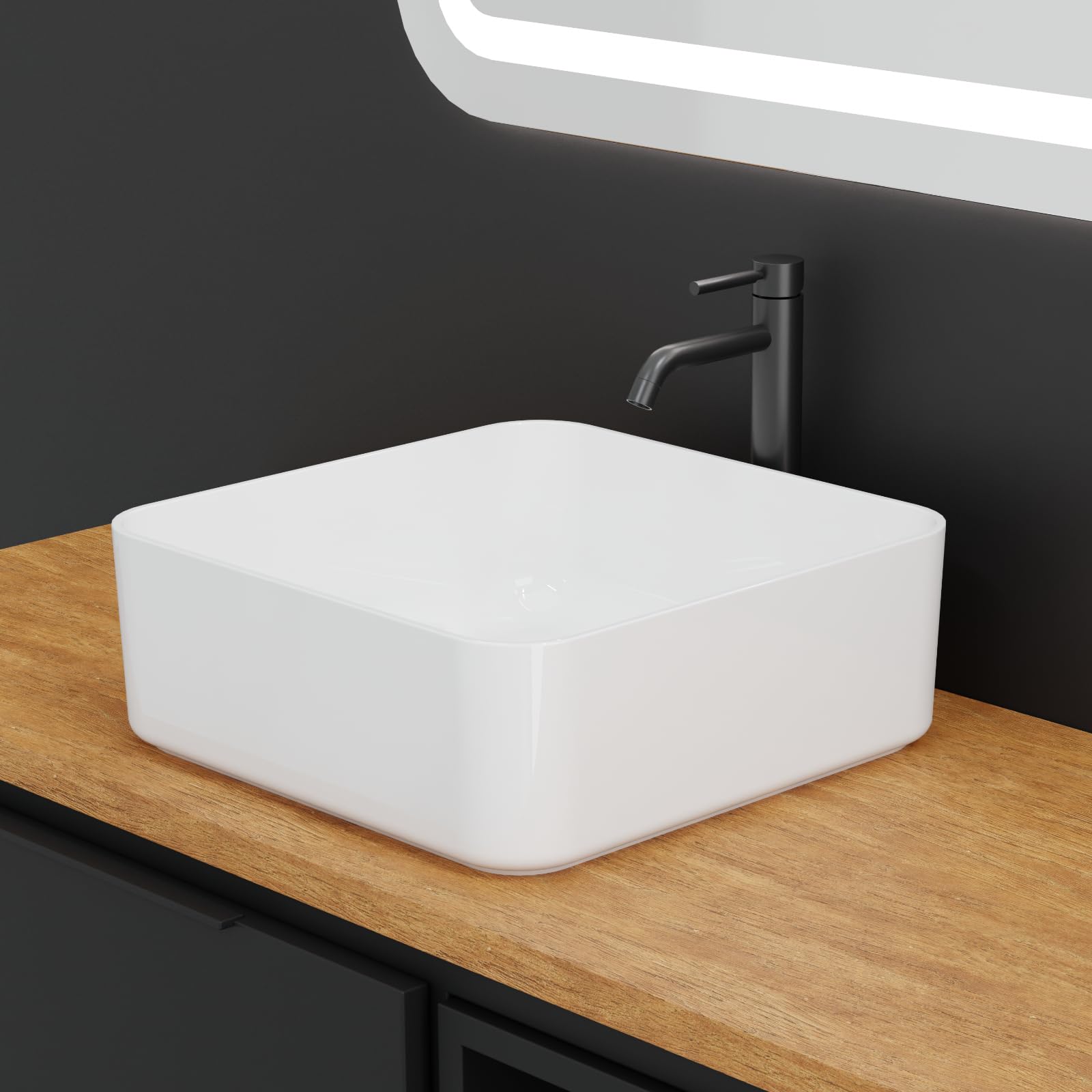 HAGO 24 | Lavabo in ceramica | quadrato 39 x 39 cm | bianco | angoli arrotondati | bordo stretto | Lavabo da appoggio | Ceramica | Antigraffio | Attacco standard