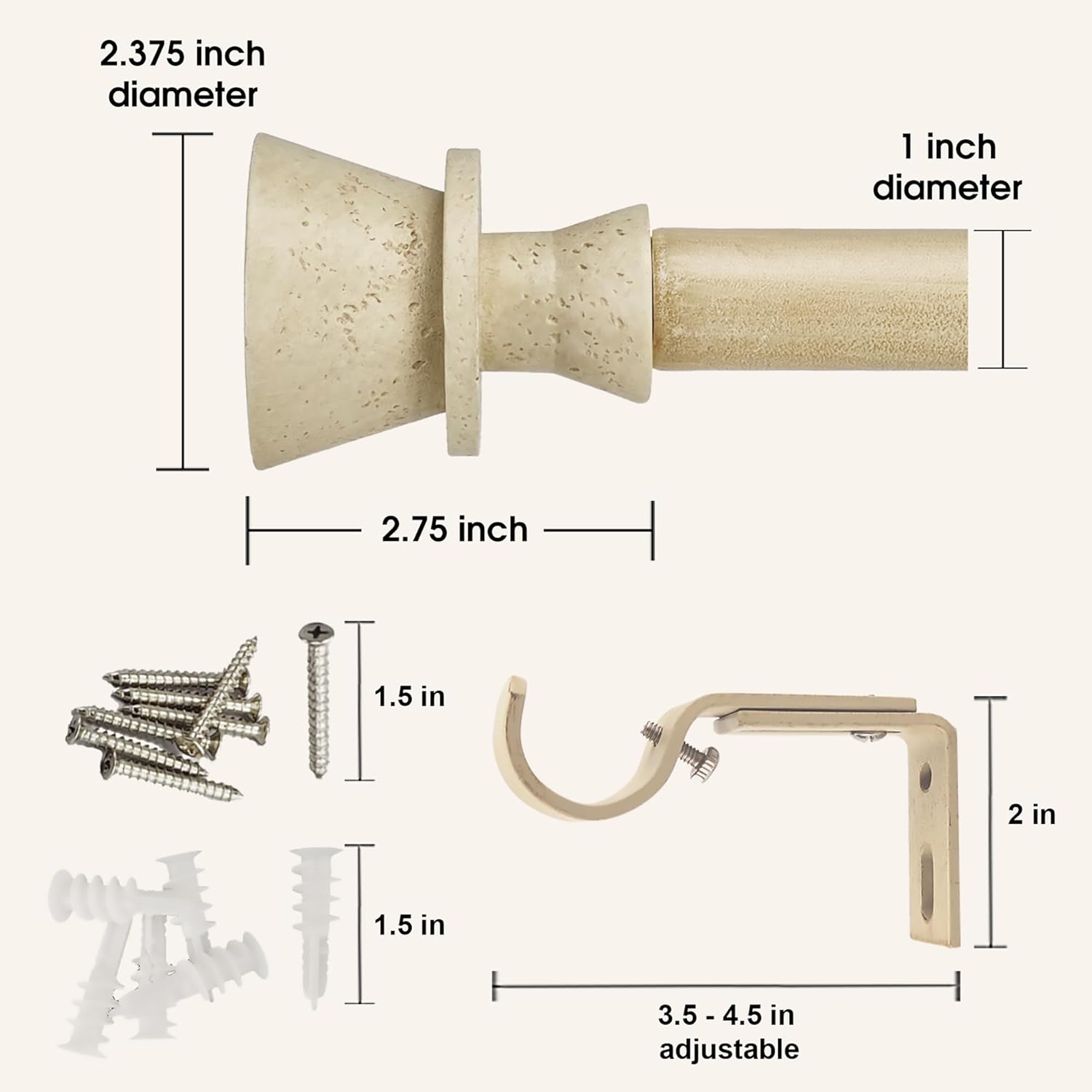 1 Inch Single Curtain Rods 72 to 144 Inches Adjustable Drapery Rods for Window width 68 to 140 Inches, Faux Travertine Finials, Beige Metal Rods