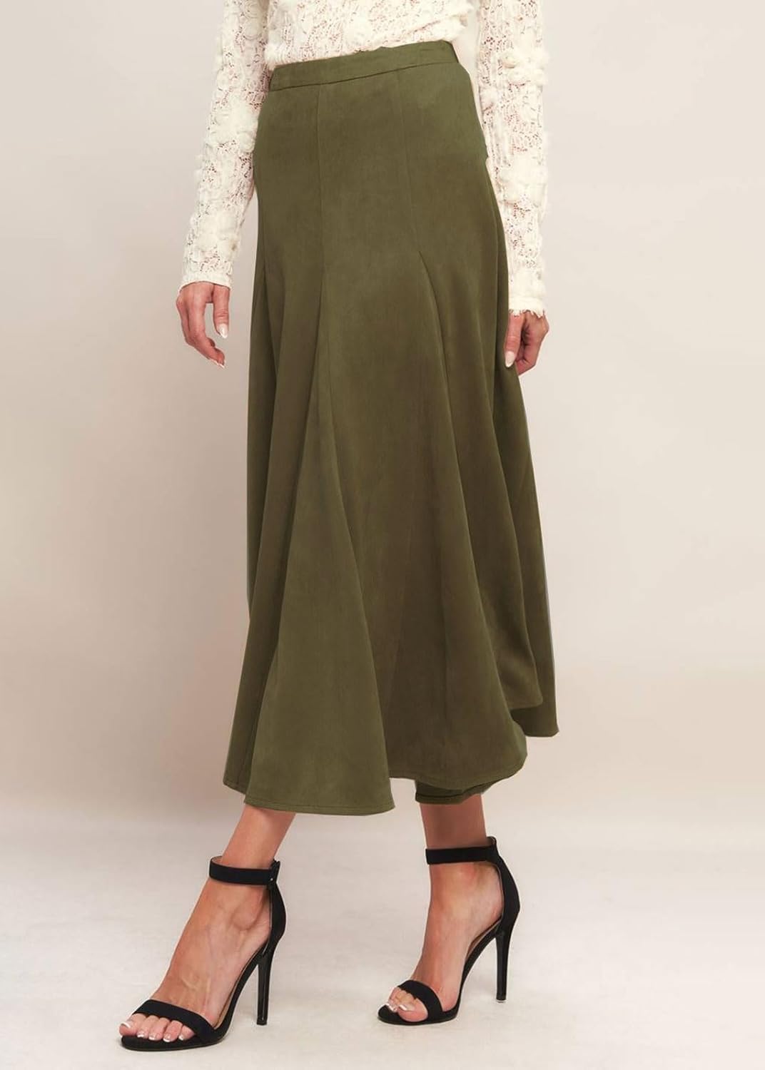 CHARTOU Women's Long Suede Skirt Elegant Ruffle High Waisted Side Zipper Fall Winter Faux Leather Skirts - Image 3