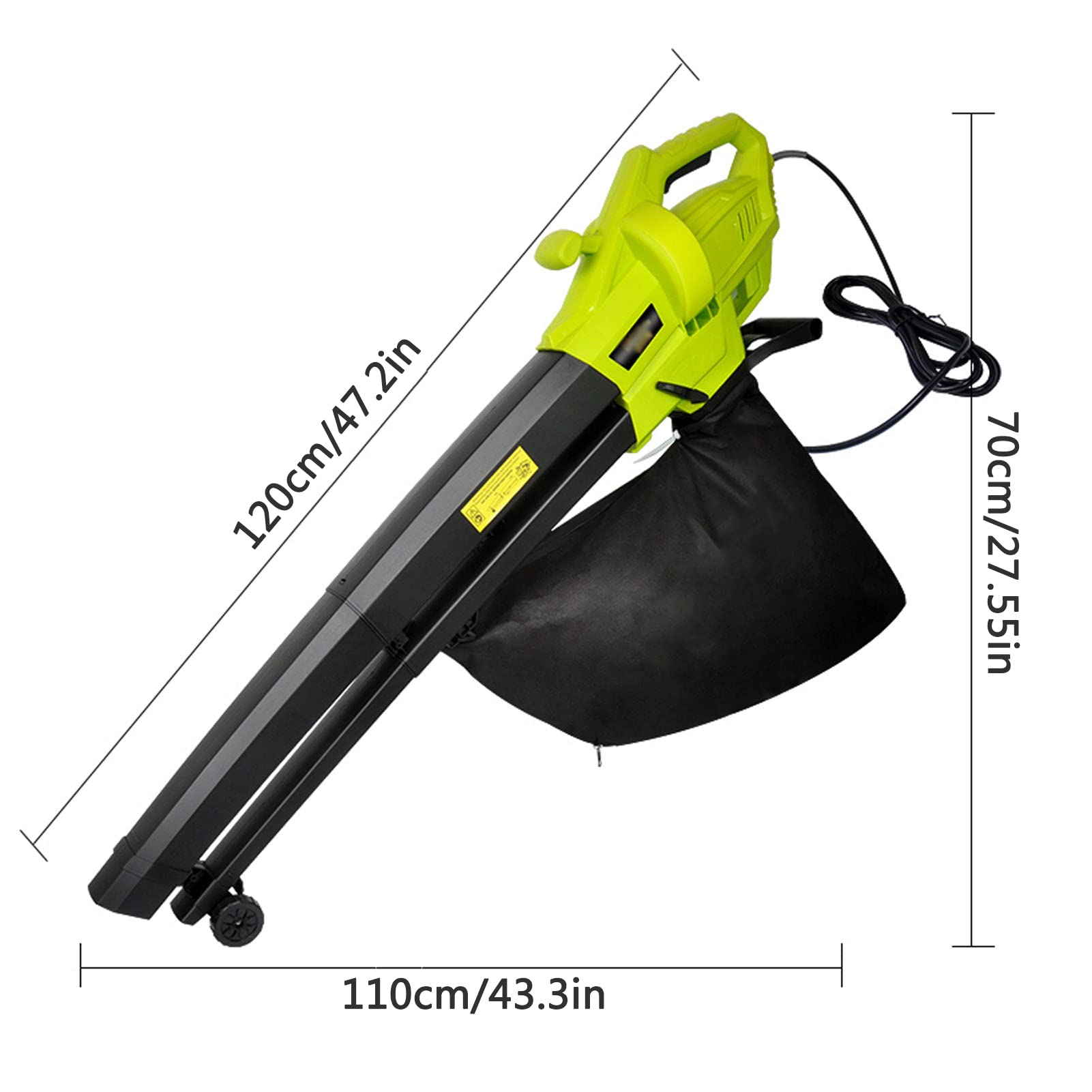 Soplador y Aspirador de Hojas 3 en 1, eléctrico, multifunción y fiable, con Bolsa recolectora de 45 l y Cable de alimentación de 30 Metros, para Patio, césped, jardín y paisajismo.