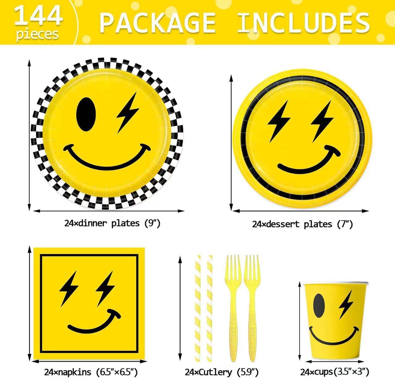 Yellow Smile Face Themed Party Decorations Supplies Happy Smile Face Themed Party Tableware Set Include Plates, Cups, Napkins,Cutlery and Straw for Baby Shower, Birthday Party Decorations Serves 24