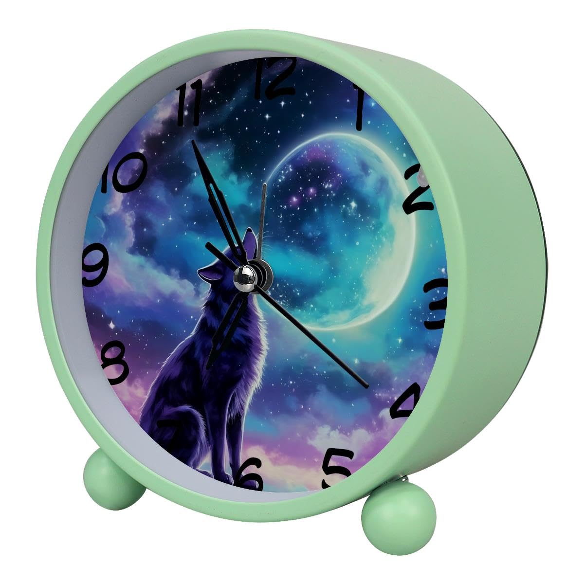 Luoweisi Analog Alarm Clock Wolf, Silent Non-Ticking with Night Light, Battery Operated, Round Desk Alarm Clock for Office, Bedroom, Elderly, Adults, Children, Student Gifts