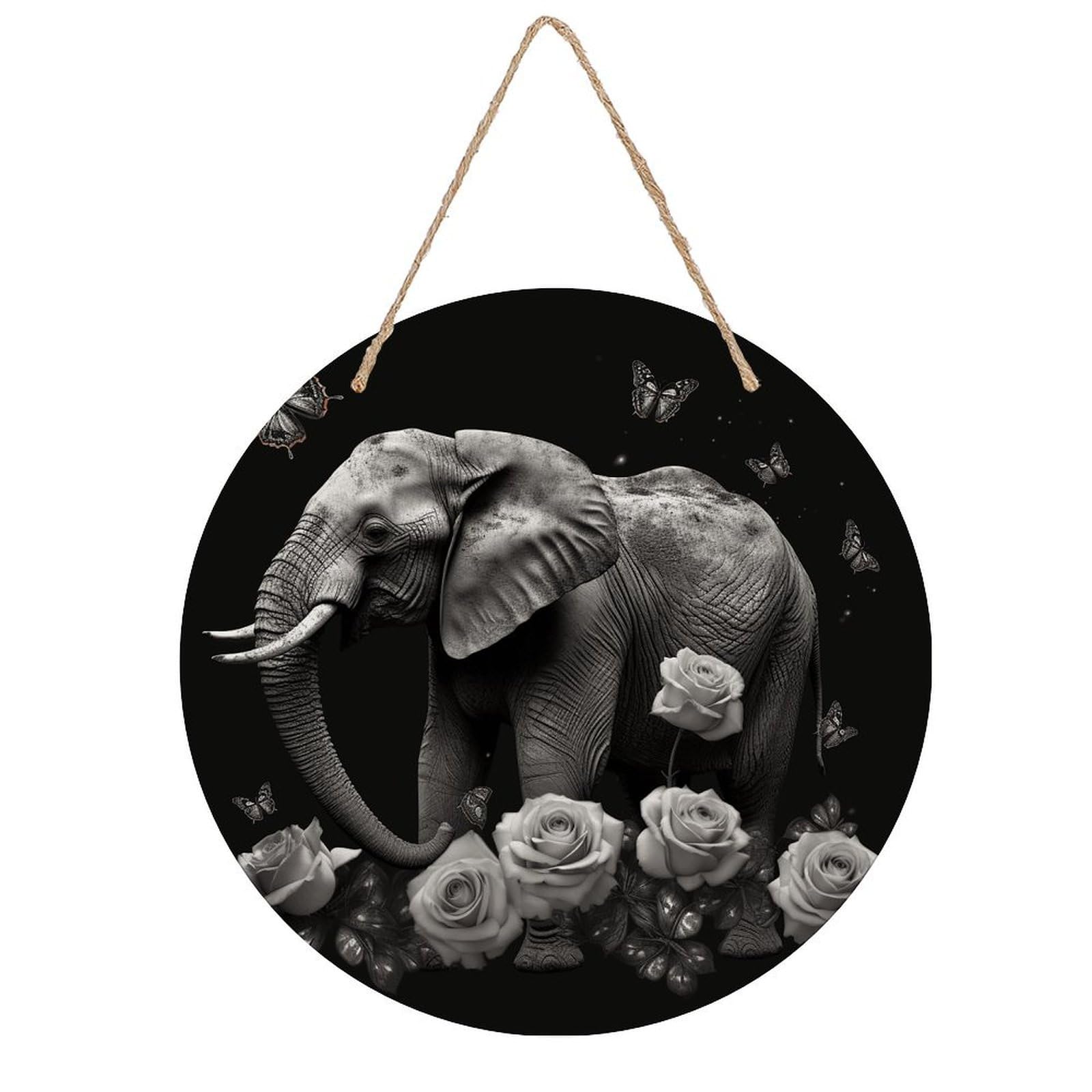 VstaDank Elephant And Butterfly Wall Decor Round Wood Hanging Sign 7.9x7.9 in Wooden Circle Door Hanger with Ropes, Rustic Wall Art Decor for Home Front Door Indoor Outdoor Decoration