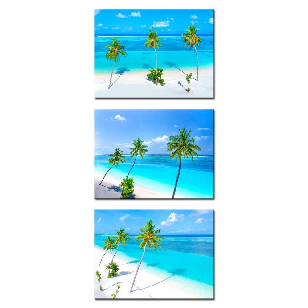 iKNOW FOTO3 Piece Giclee Canvas Prints Wall Art Palm Trees on The Sandy Beach and Turquoise Ocean Picture with Frame Sea Paintings for Bathroom Bedroom Home Decorations 12x16inchx3pcs